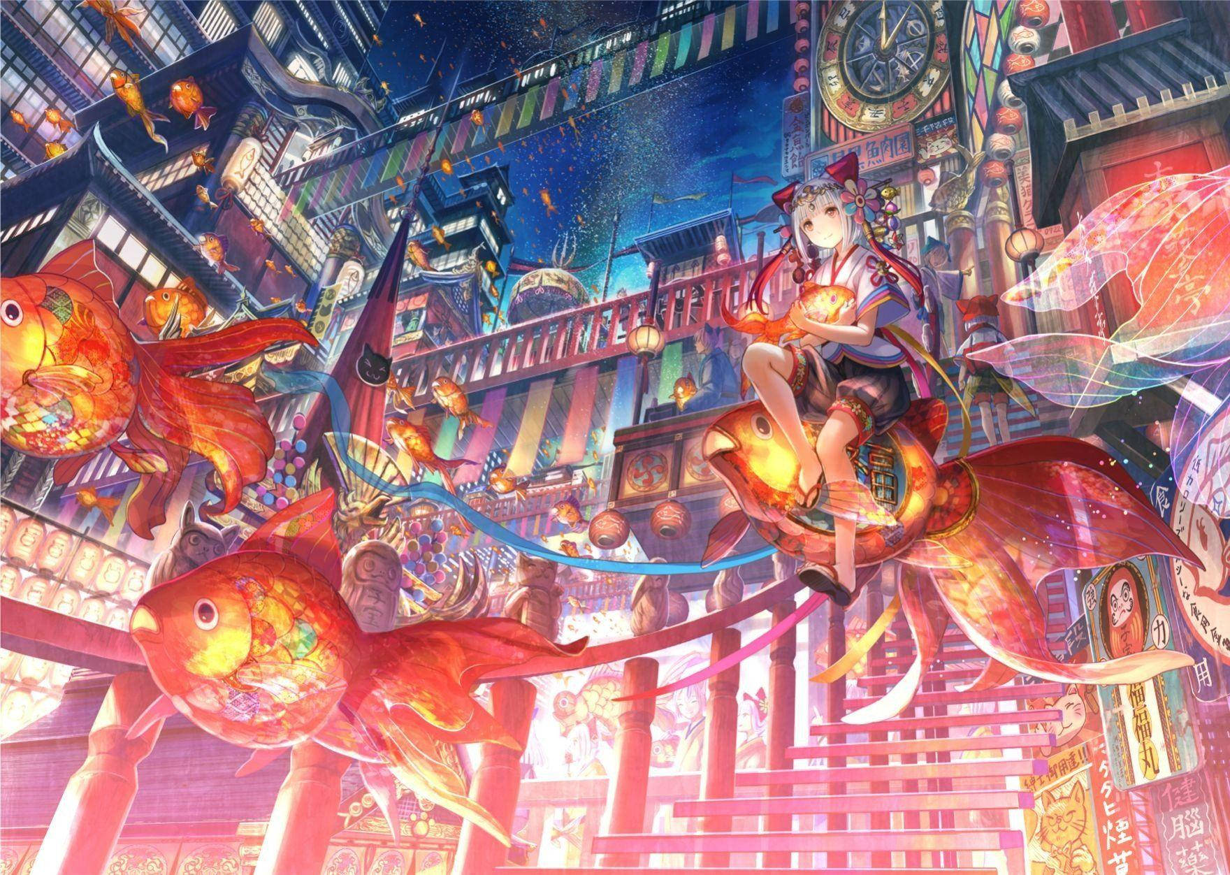 唐人街奇幻藝術 壁紙 — 一個女孩騎著發光的鯉魚穿過充滿燈籠和漂浮魚的充滿活力的日本節日夜空。