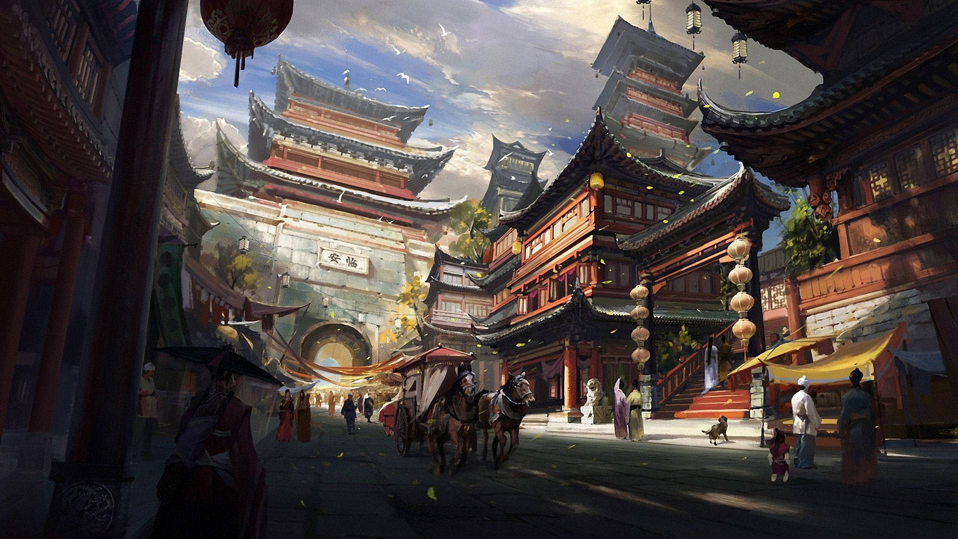 唐人街廟宇藝術 壁紙 — 繁華嘅古代中國街道，有華麗嘅寶塔、馬車同燈籠，喺明亮嘅天空下。