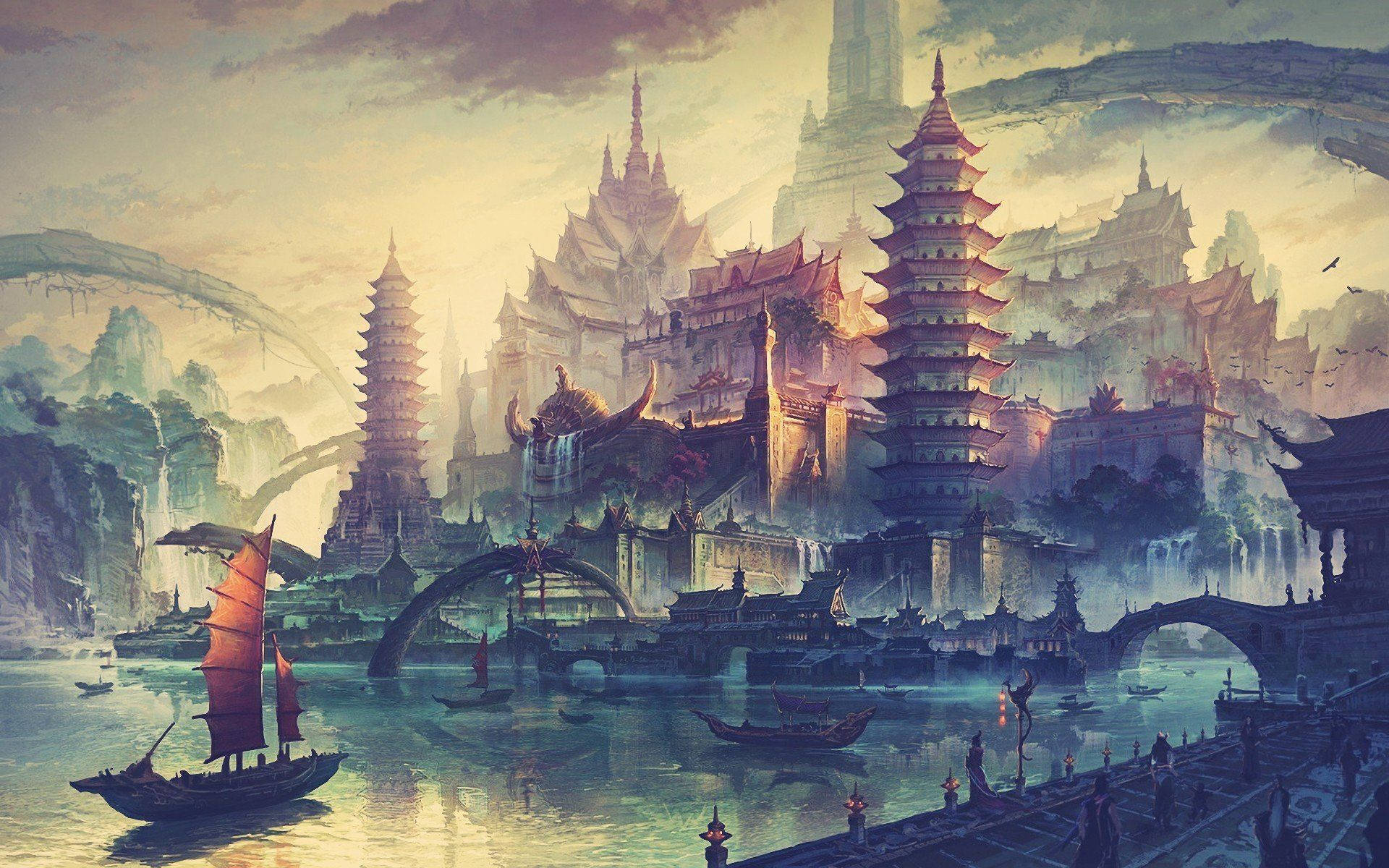 唐人街數位藝術 壁紙 — 一座霧氣瀰漫的奇幻城市，層疊的寶塔和拱橋漂浮在水面上，帆船在金色天空下滑行。