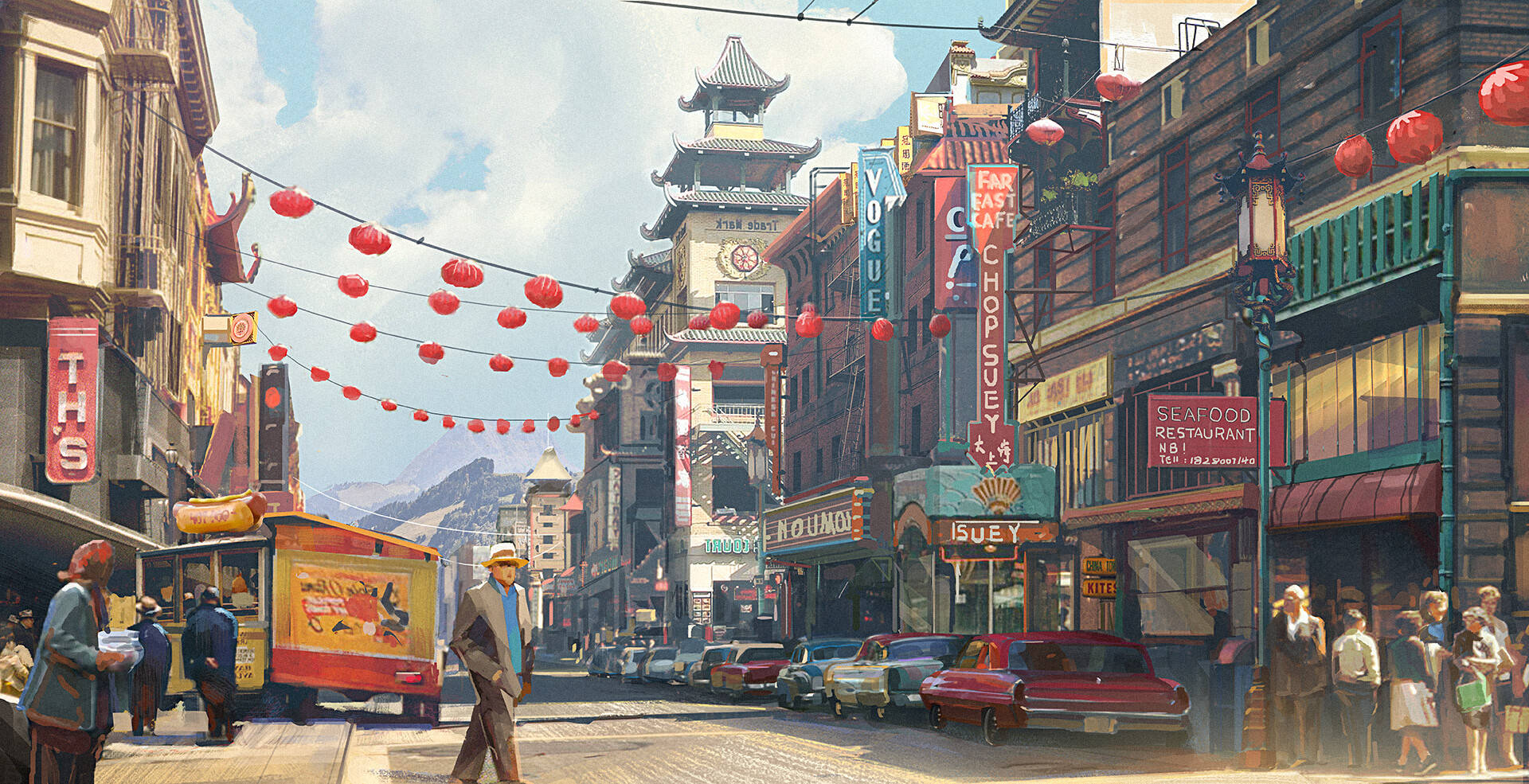 唐人街數位藝術作品 壁紙 — 充滿活力的1950年代唐人街街道，行人熙熙攘攘，復古汽車和紅色燈籠懸掛在歷史建築之間，天空湛藍明亮。