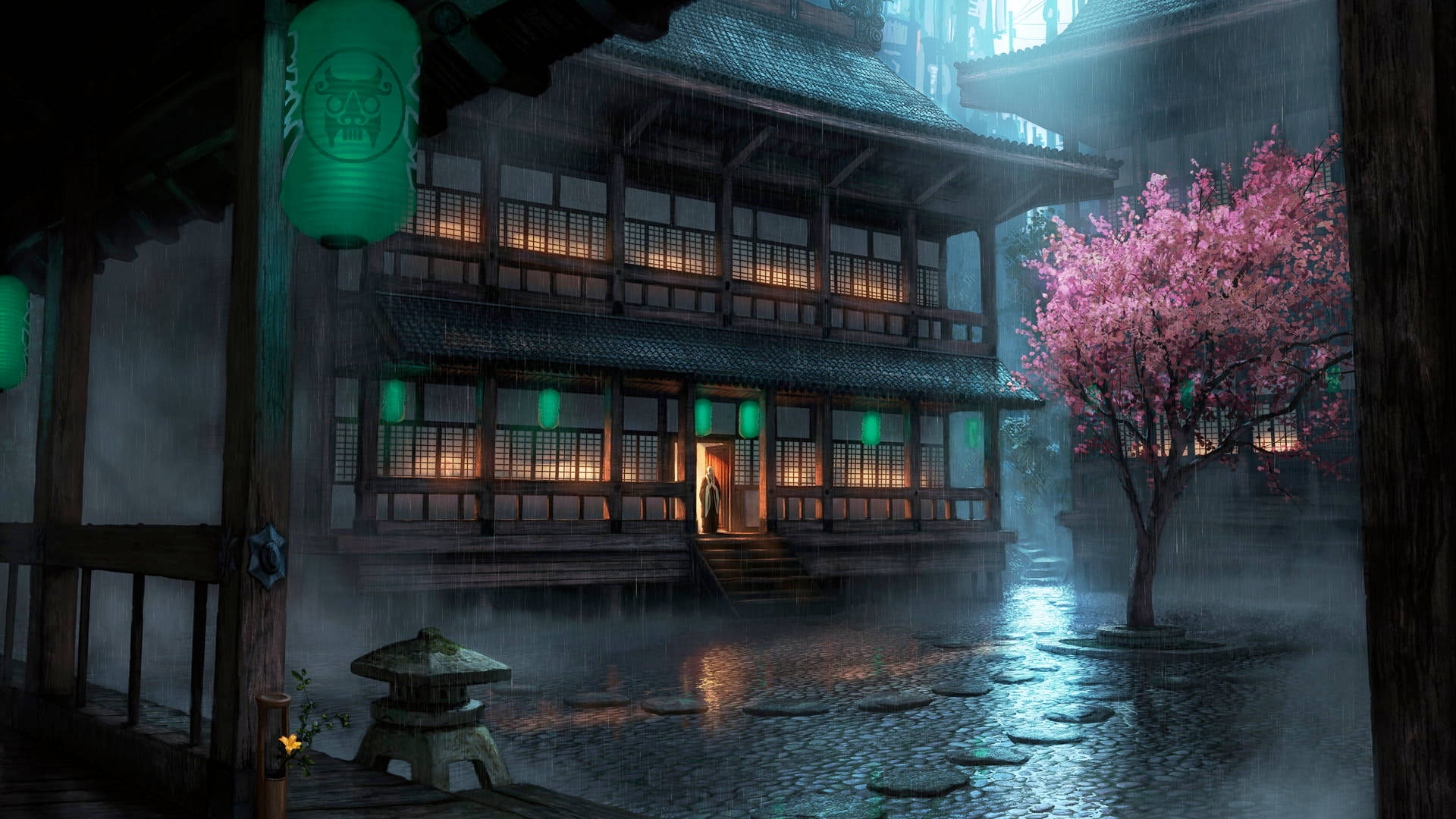 唐人街櫻花 壁紙 — 一間傳統日式木屋在雨中溫暖地發光，旁邊有一棵粉紅色的櫻花樹和一條石徑。