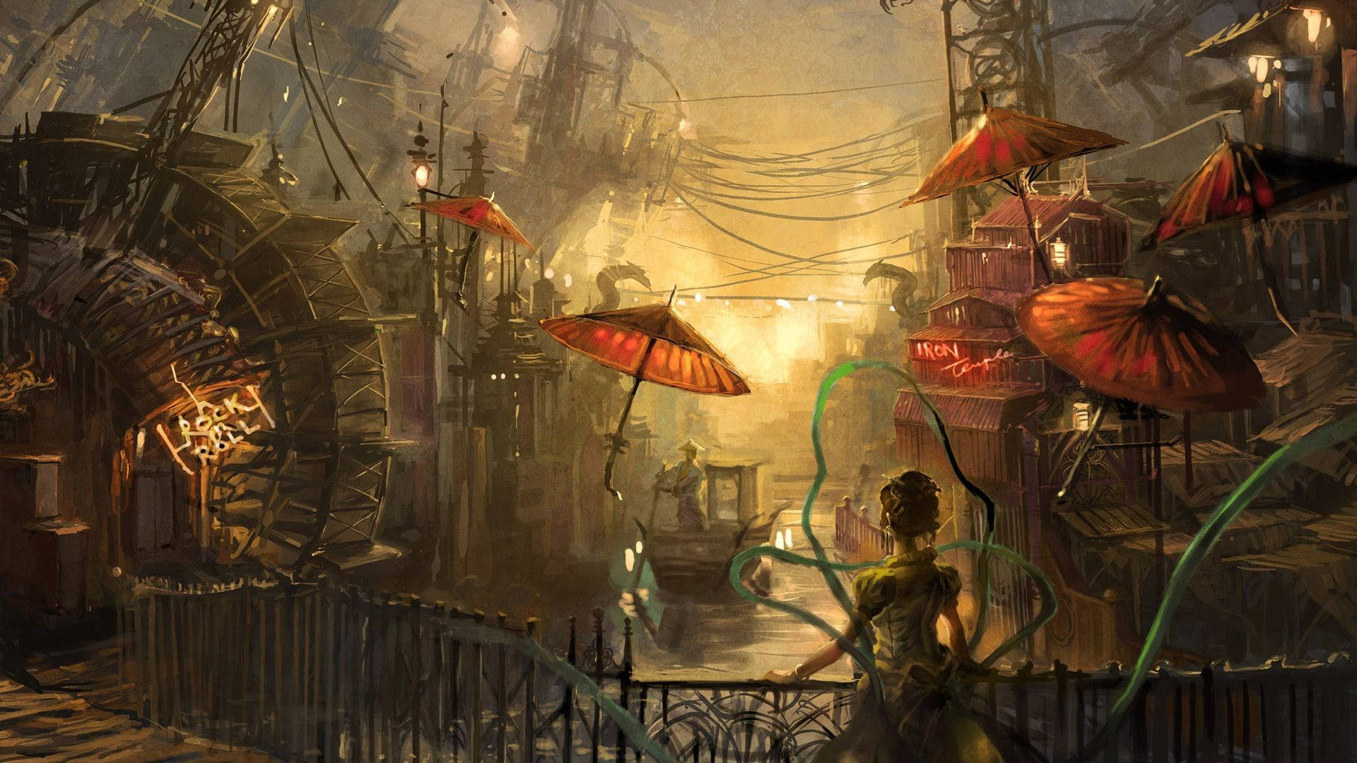 唐人街蒸汽龐克風景 壁紙 — 一個孤獨的身影在黃昏時分俯瞰著蒸氣龐克風格的城市景觀，紅色發光的雨傘和纏繞的電線在溫暖的金色光芒下。