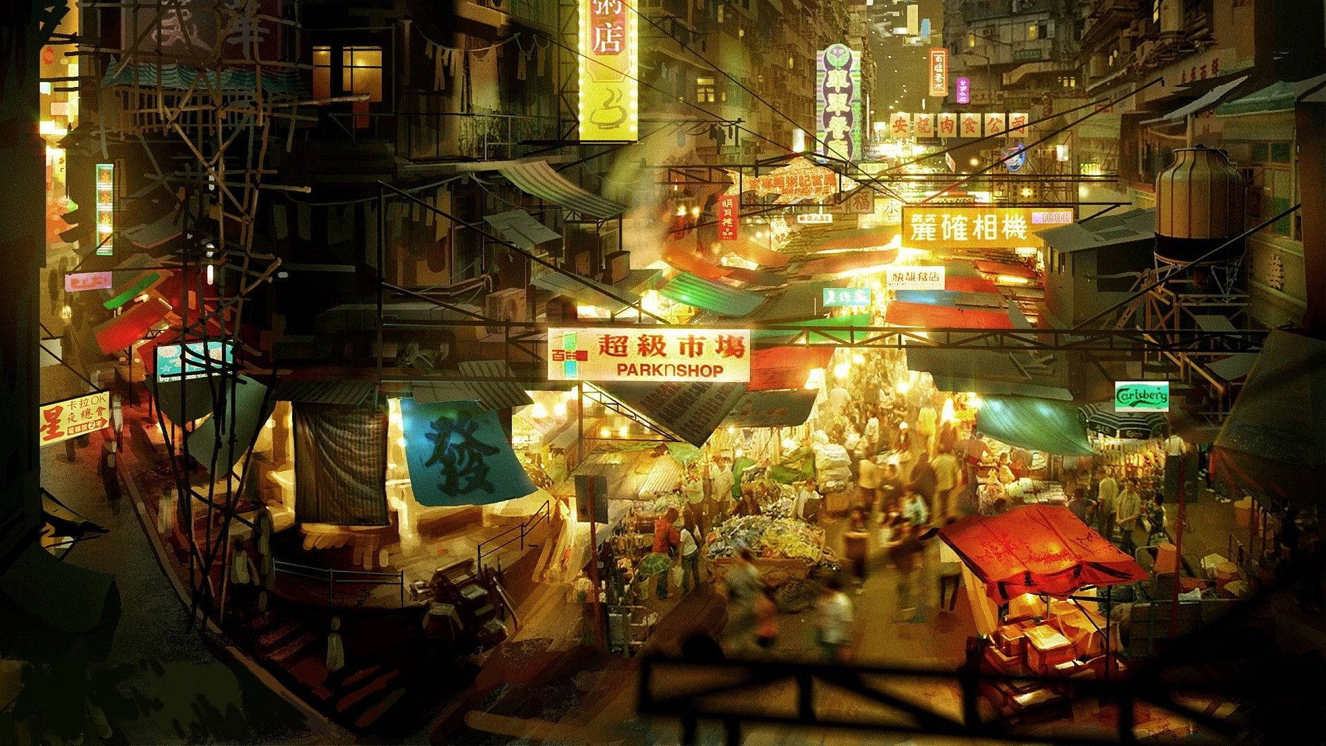 唐人街街頭市集 壁紙 — 繁華的霓虹燈夜市，位於密集的城市小巷，掛滿招牌，攤位擁擠。