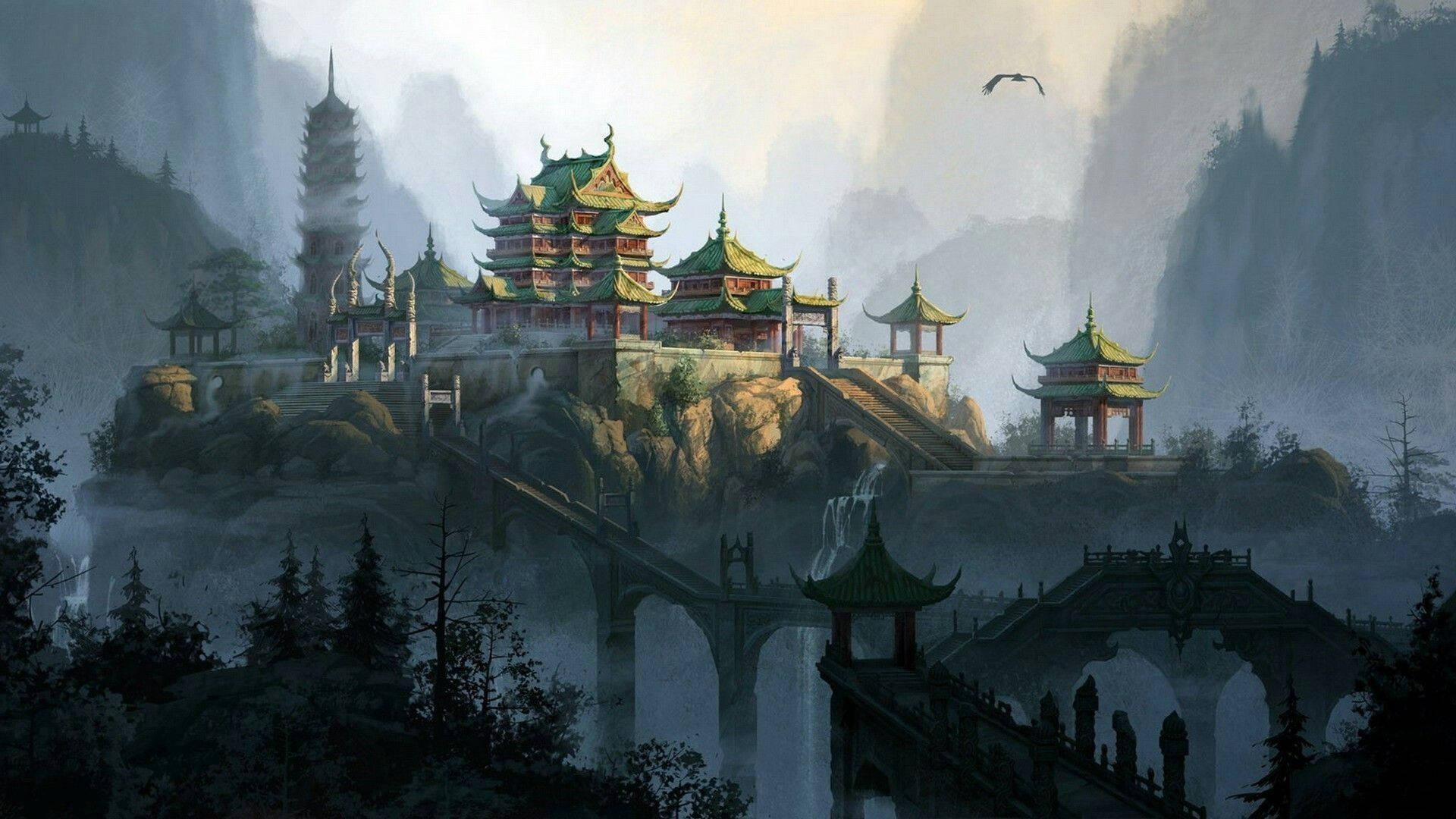 唐人街風景藝術 壁紙 — 古老的中國寺廟建築群坐落在雲霧繚繞的山崖上，有石橋和寶塔，沐浴在柔和的晨光中。