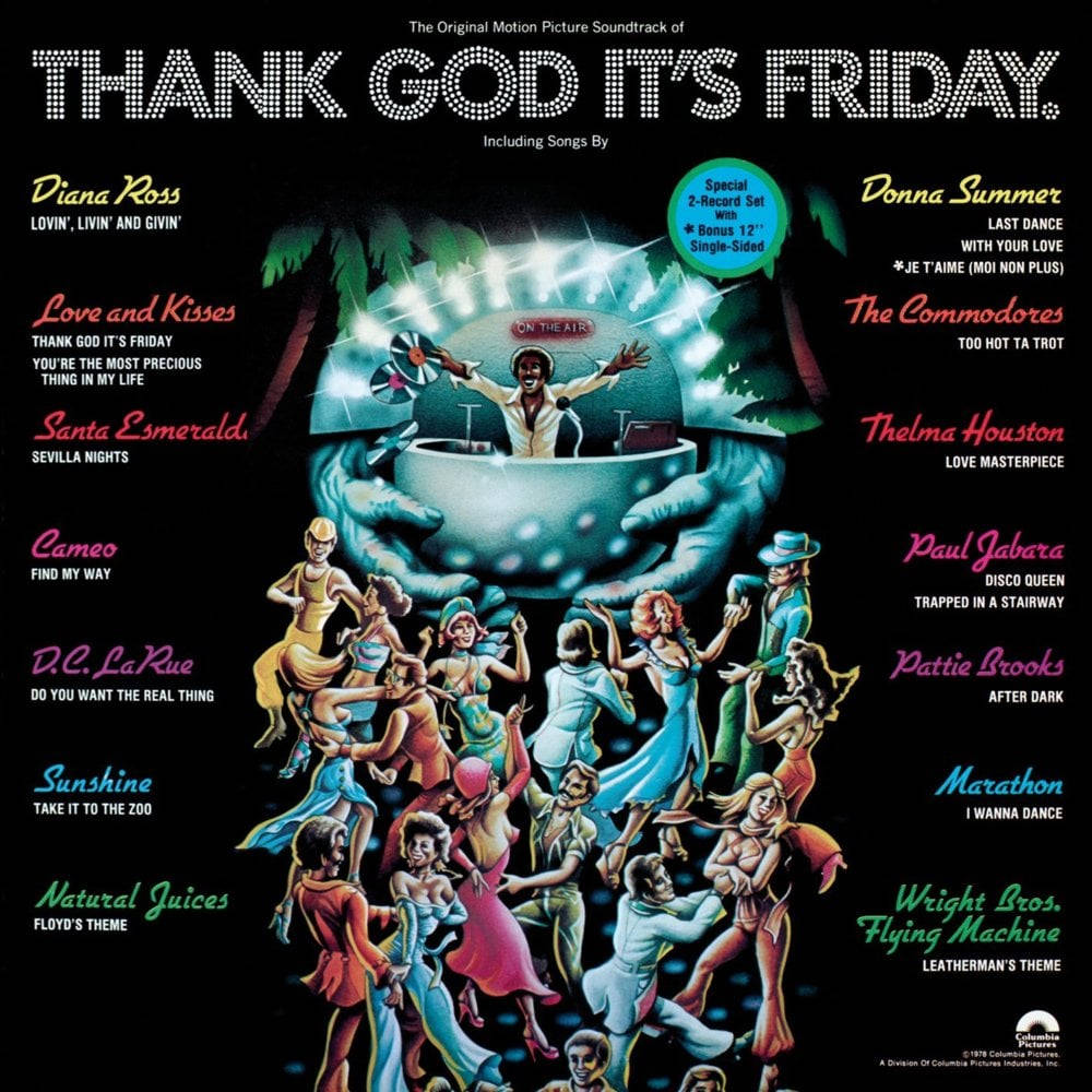 唐娜·蘇默主演電影《Thank God It's Friday》 壁紙 — 充滿活力的 1970 年代迪斯可專輯封面，有在發光燈光下跳舞的人物和一個被巨手包圍的碗中的 DJ。