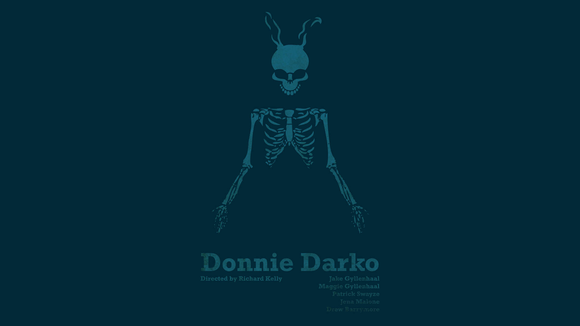 深青綠色背景上戴兔耳的青綠色骷髏，附有Donnie Darko字幕。