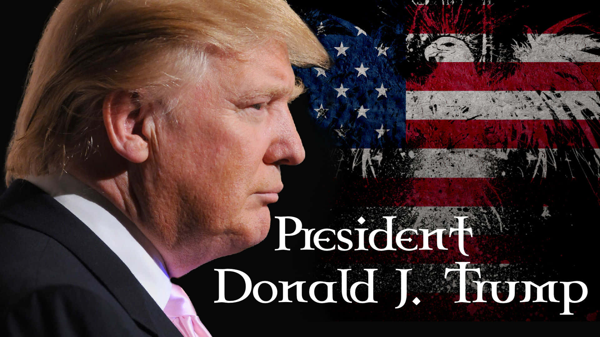 trump 桌布 壁紙 — 唐納德·J·特朗普的側面肖像，背景為破損的美國國旗，並帶有粗體文字疊加。