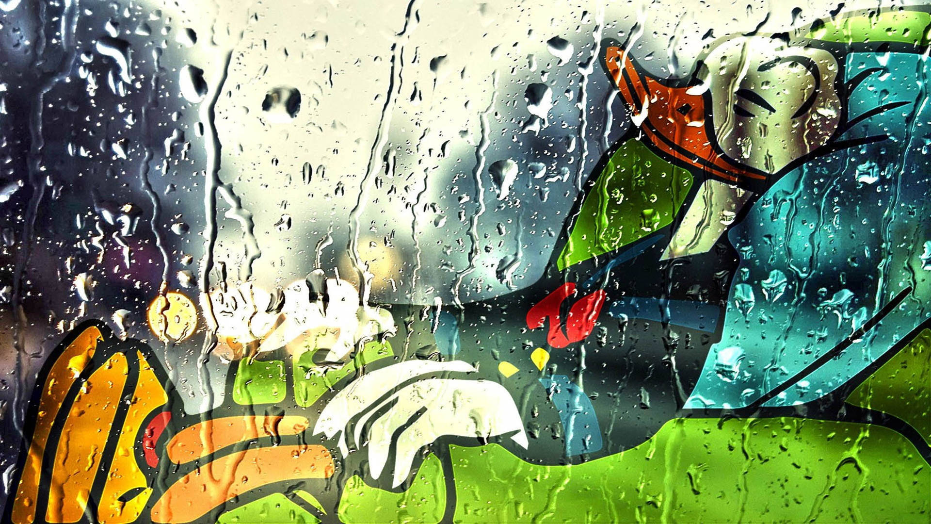 透過雨痕斑斑的窗玻璃看到的色彩繽紛卡通鴨壁畫。 — 唐老鴨 GIF 壁紙