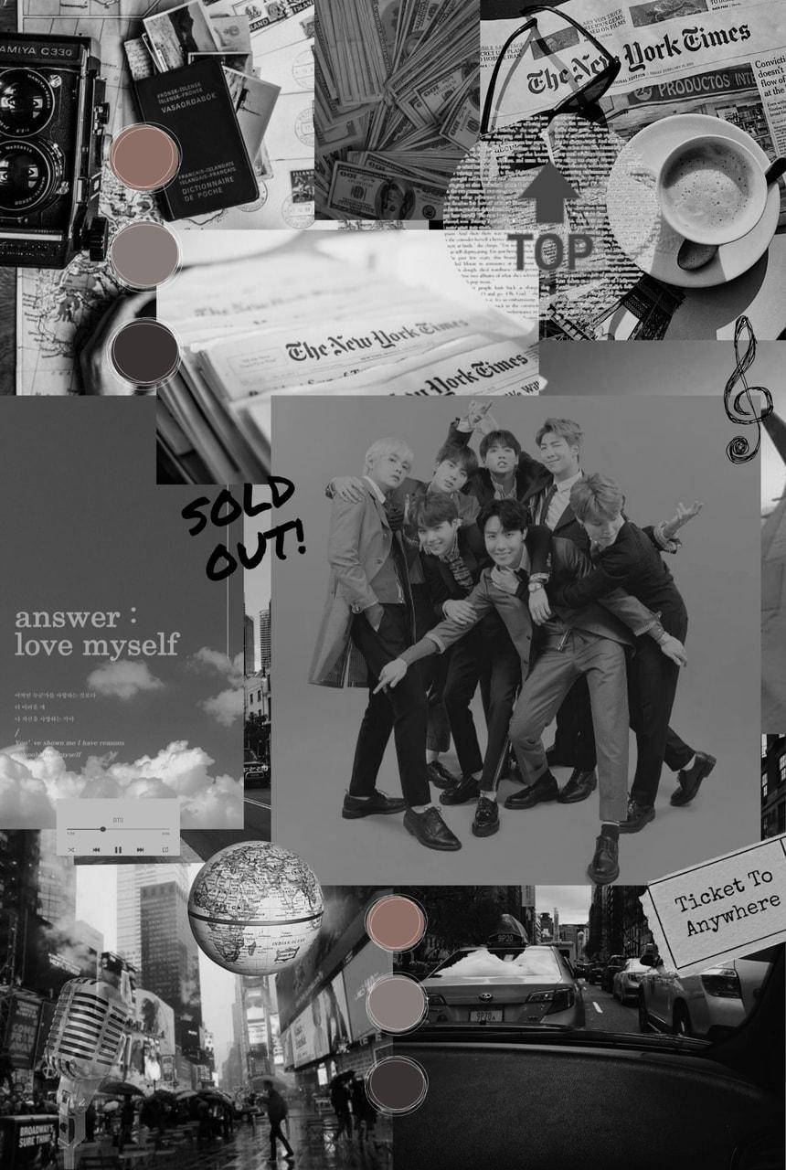 售罄！BTS 黑色美學 壁紙 — BTS 照片、金錢、報紙、地球儀和城市景觀元素的單色拼貼畫，帶有「SOLD OUT」文字。