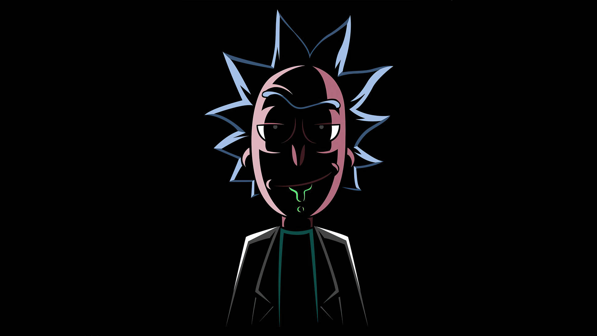動畫角色 Rick，尖刺藍色頭髮，冷笑，身穿黑色外套。