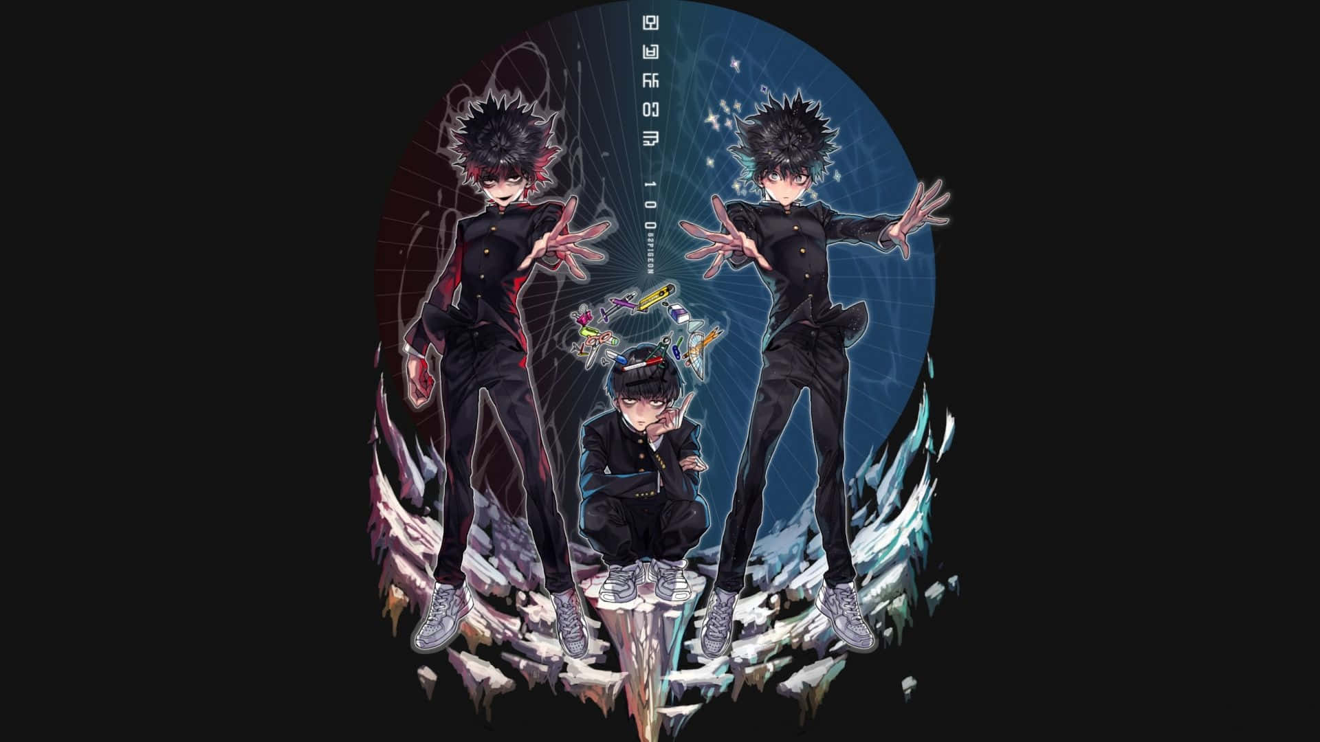 三個身穿黑色西裝的動漫男孩，在破碎的冰面上擺姿勢，身後有宇宙能量。