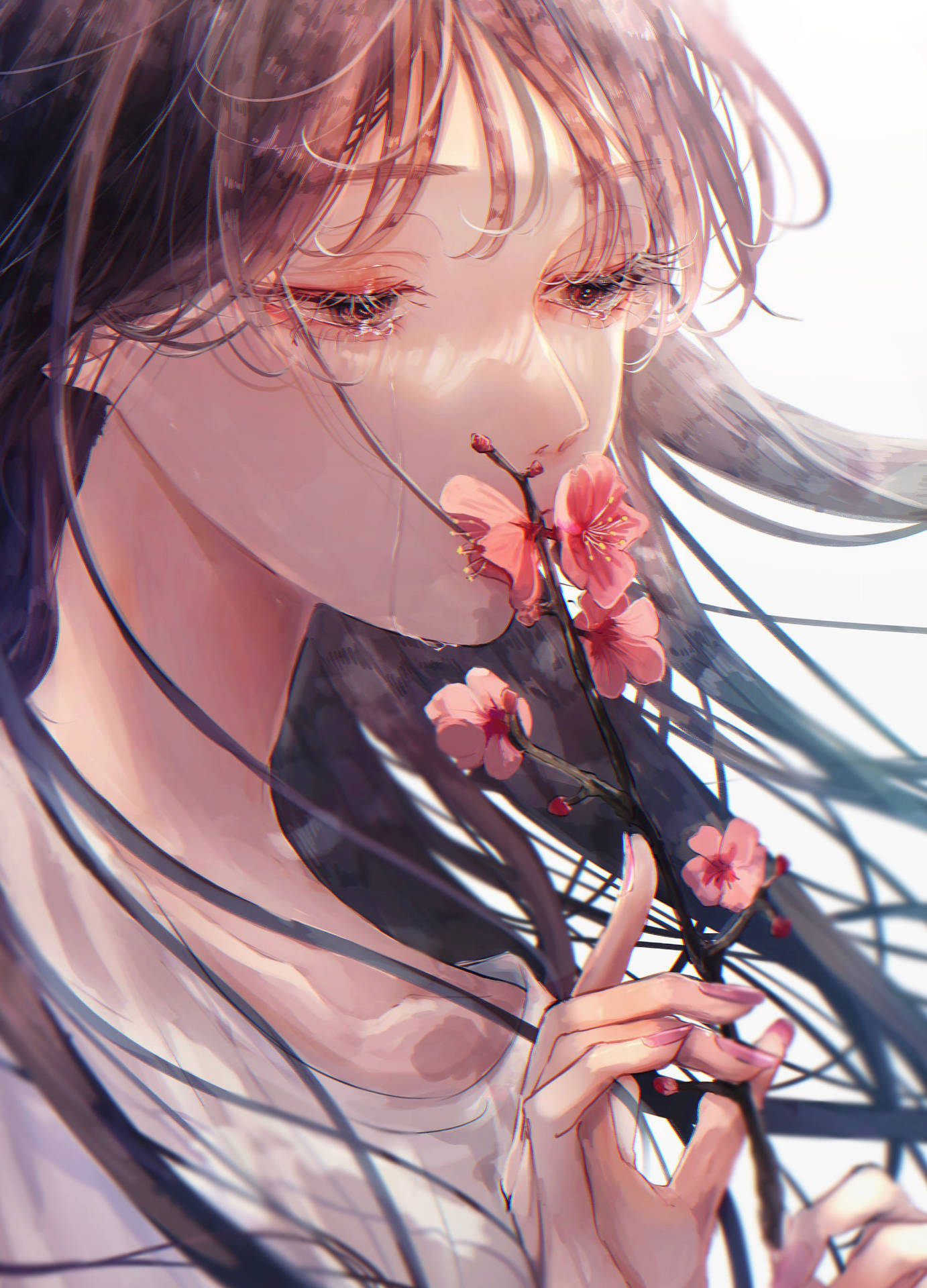 動漫女孩拿著櫻花枝，柔和粉彩燈光。