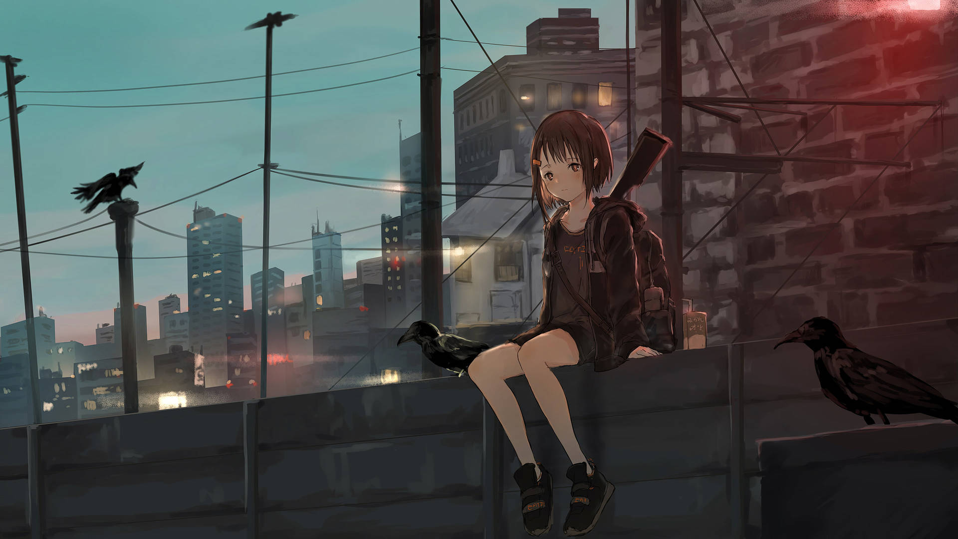 動漫女孩與烏鴉在城市屋頂上，暮色時分