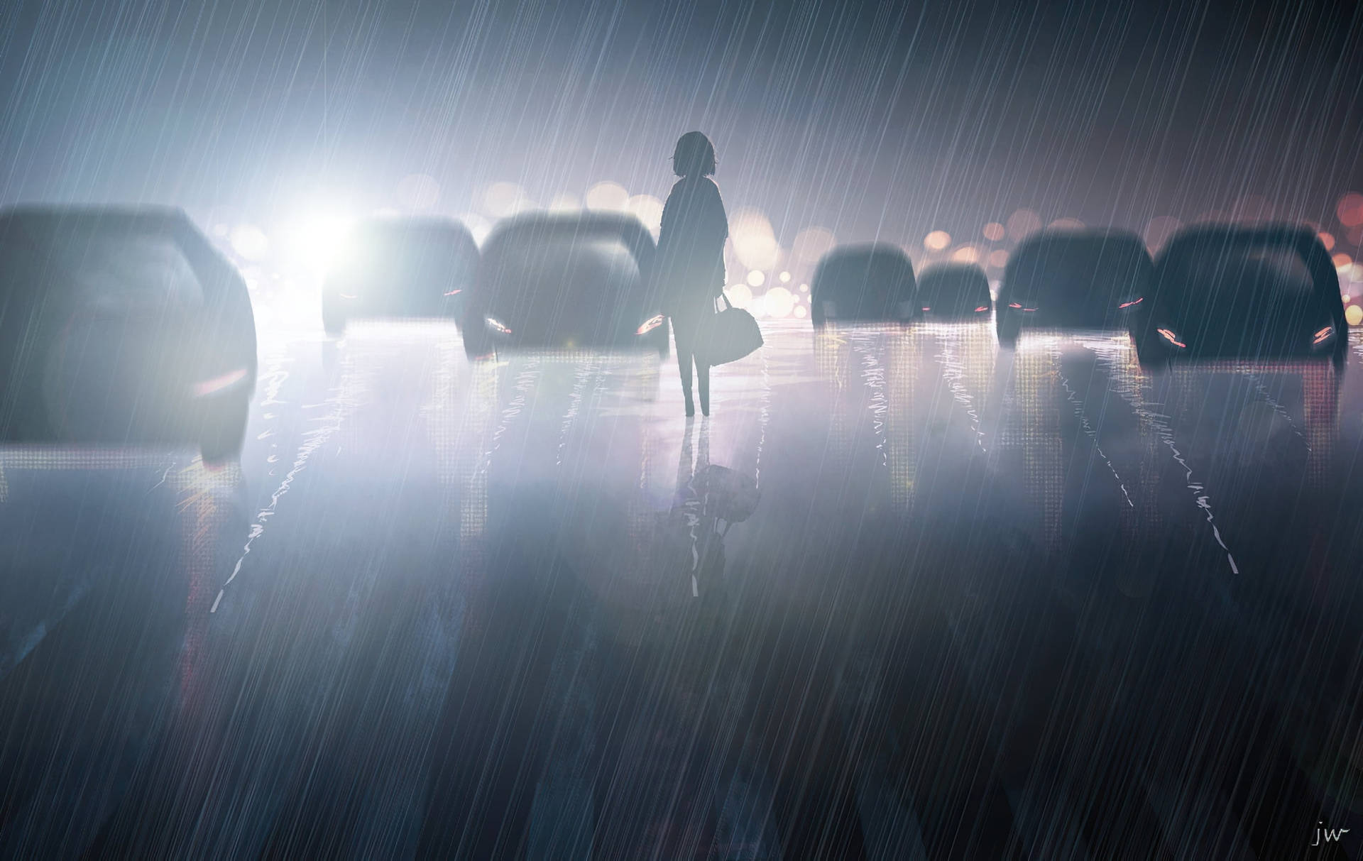 一個人在雨中走在濕漉漉的城市街道上的剪影，背景有車燈。