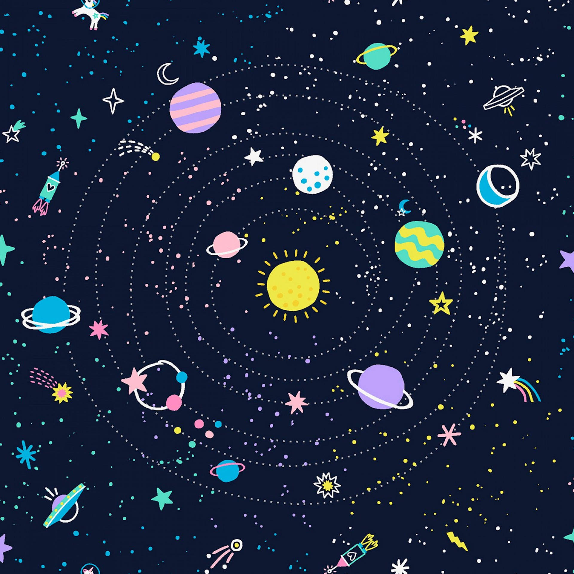 一個有趣的卡通太空場景，行星、火箭和星星圍繞著太陽運行。