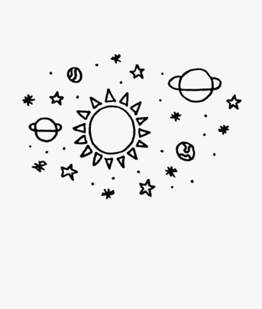 太陽、星星和行星在太空中的簡單線條圖