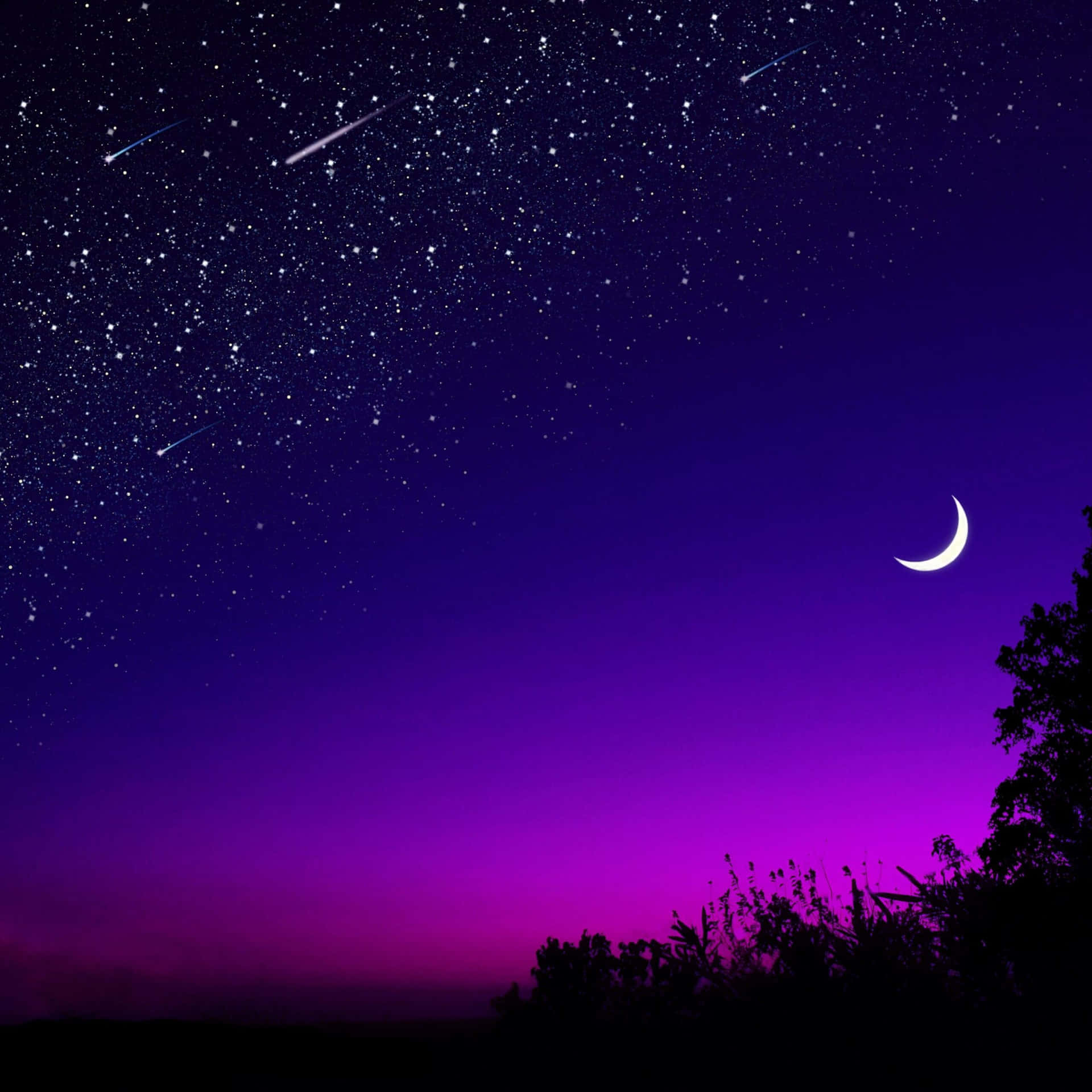 唯美夜空流星閃耀 壁紙 — 充滿星星和流星弧的鮮豔紫色夜空，上方有新月，下方是樹木剪影。