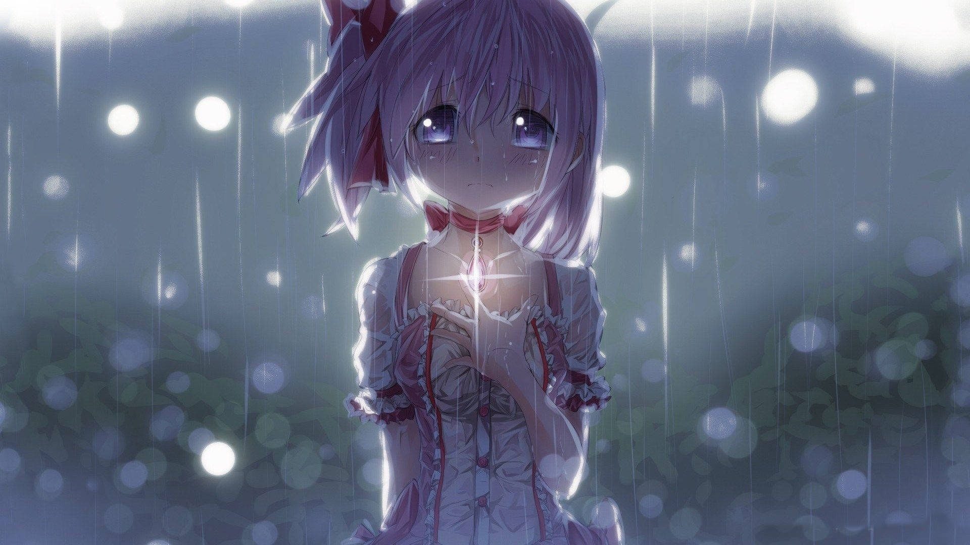 紫發動漫女孩在雨中手持發光物體