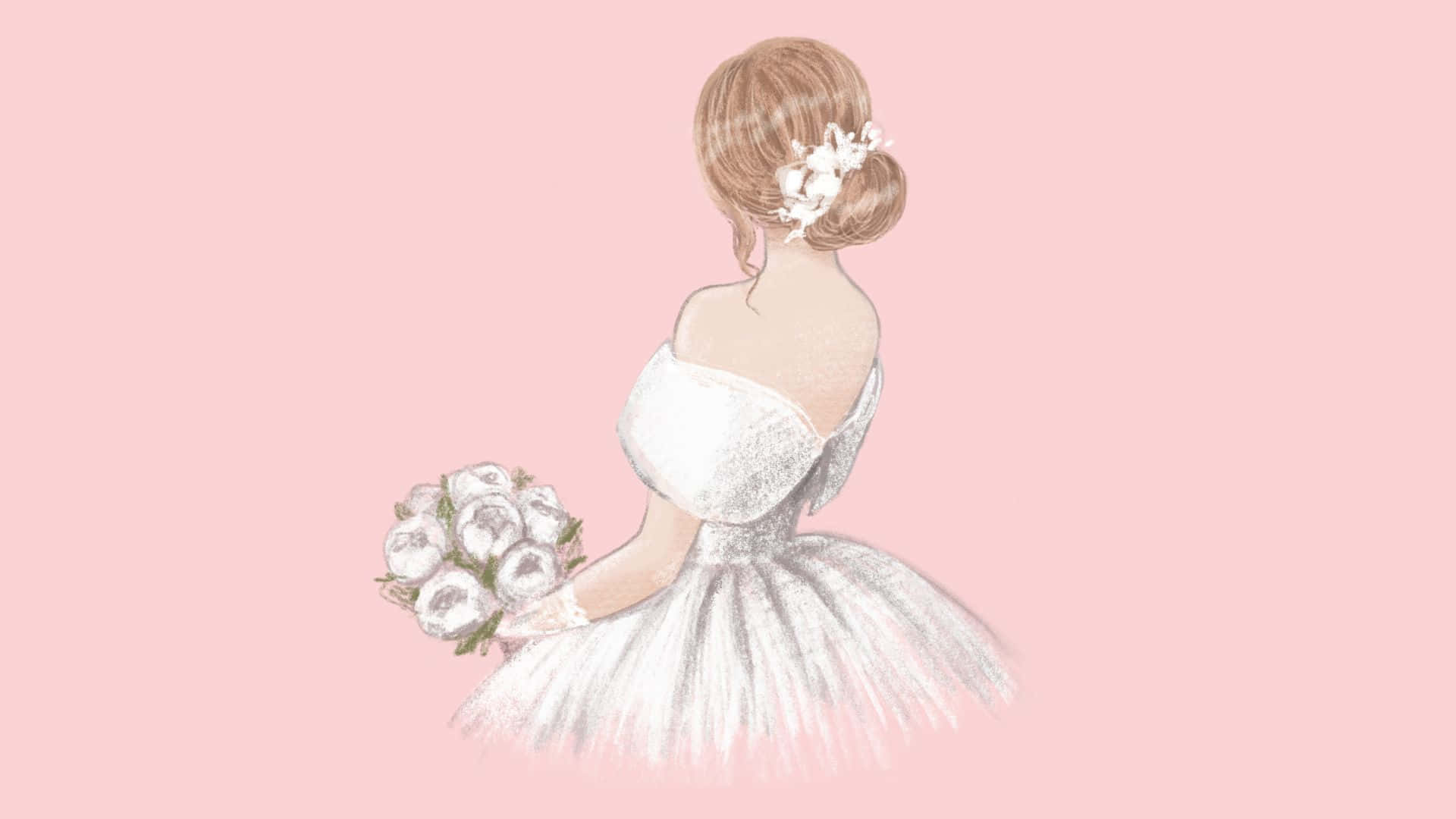 唯美新娘插畫 壁紙 — 一位身穿白色婚紗的新娘，在柔和的粉紅色背景下手持花束。