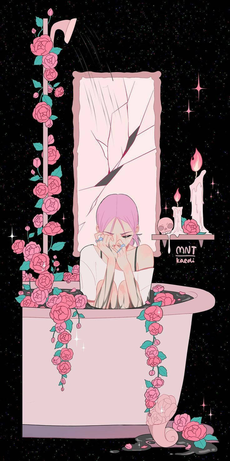 粉紅髮動漫女孩在星空下的玫瑰浴缸中，有蠟燭和頭骨。