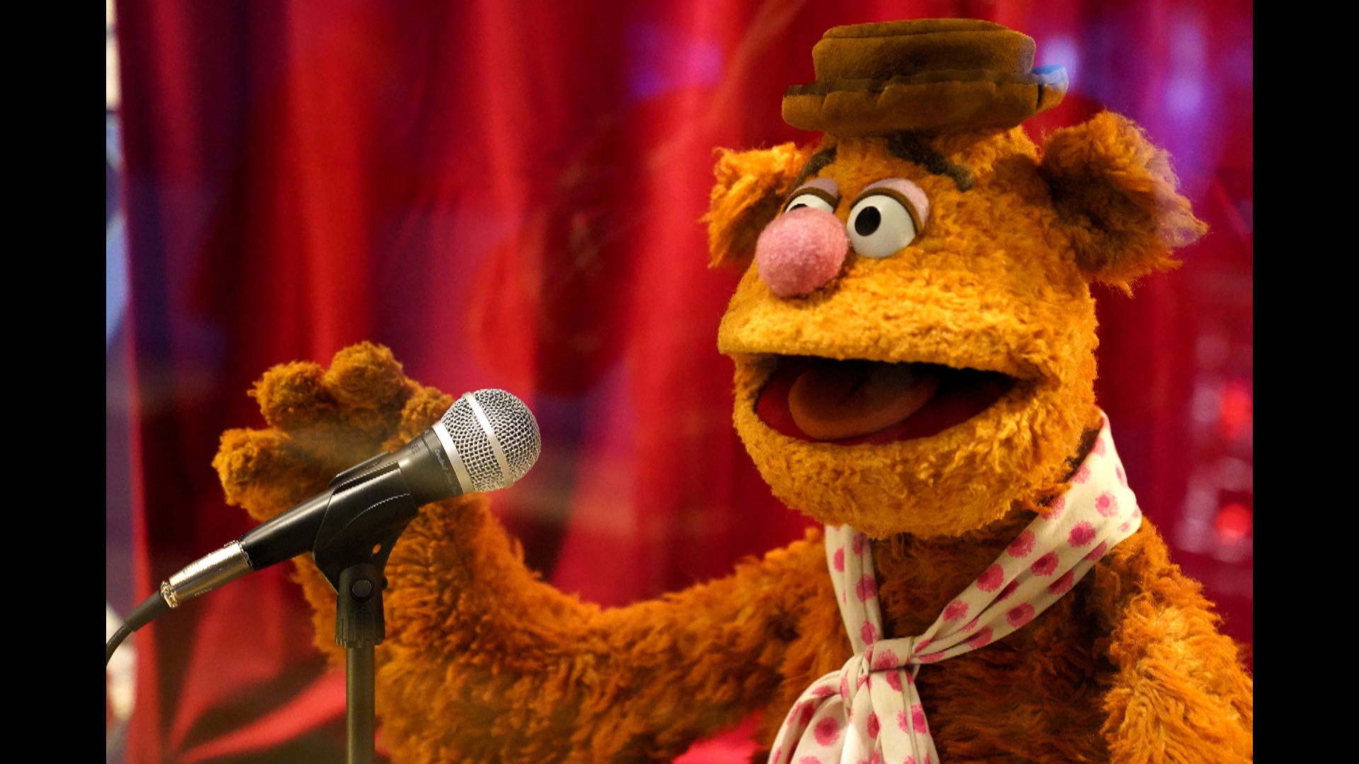 唱歌的Fozzie Bear 壁紙 — Fozzie Bear 戴著棕色帽子和圓點圍巾，在紅色窗簾背景下對著麥克風快樂地唱歌。