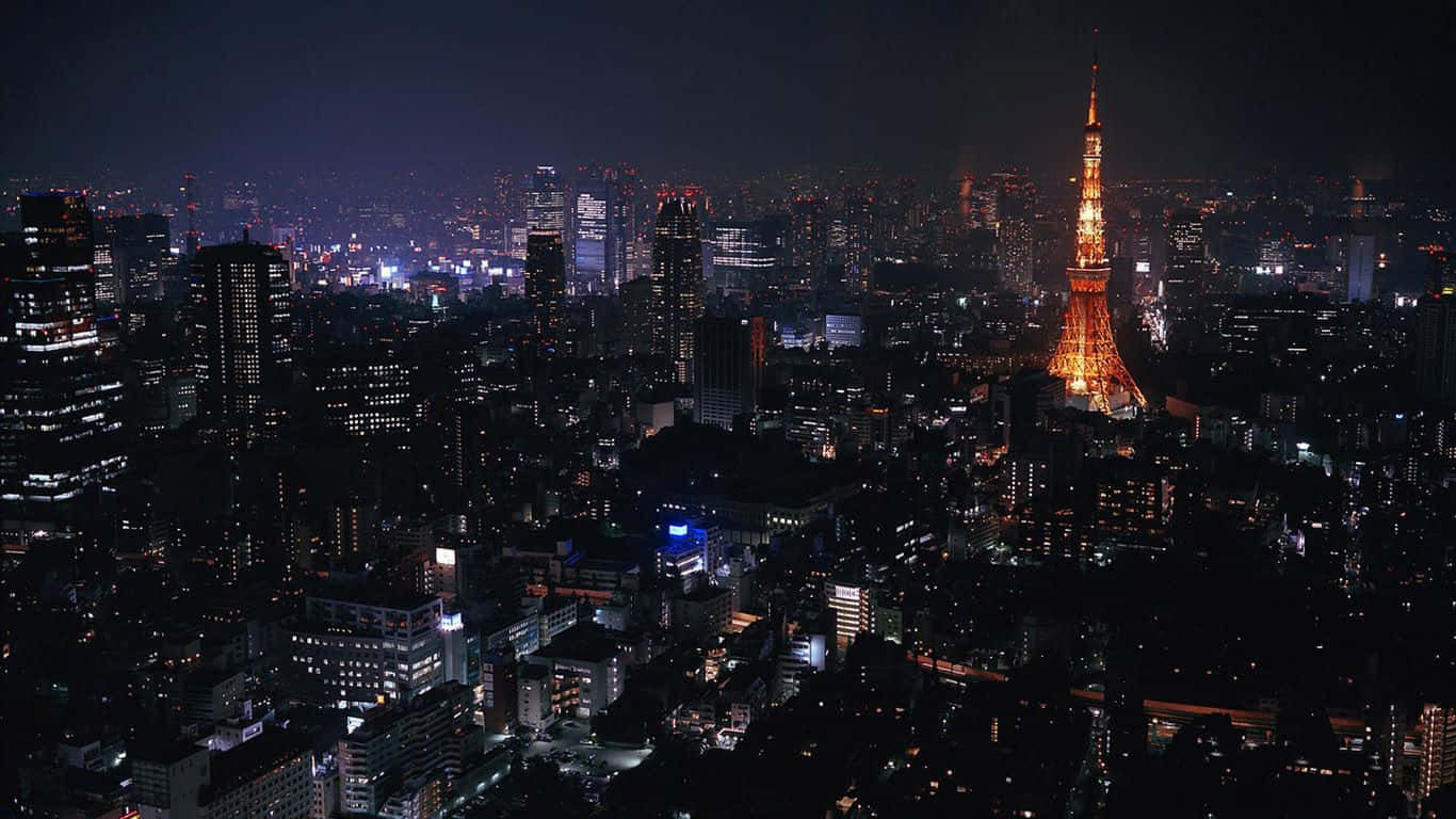 夜晚的東京城市景觀，東京塔亮起燈光。