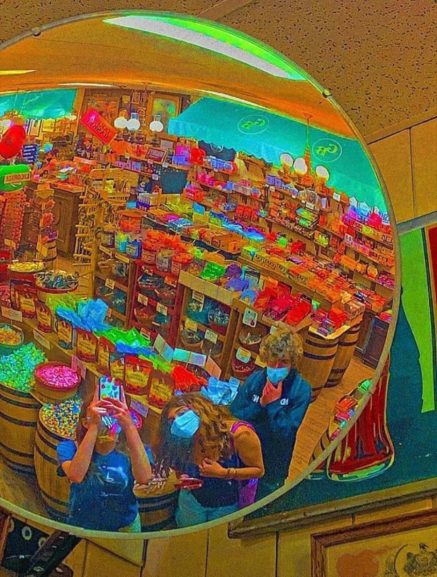 商店內鏡子映照人群 壁紙