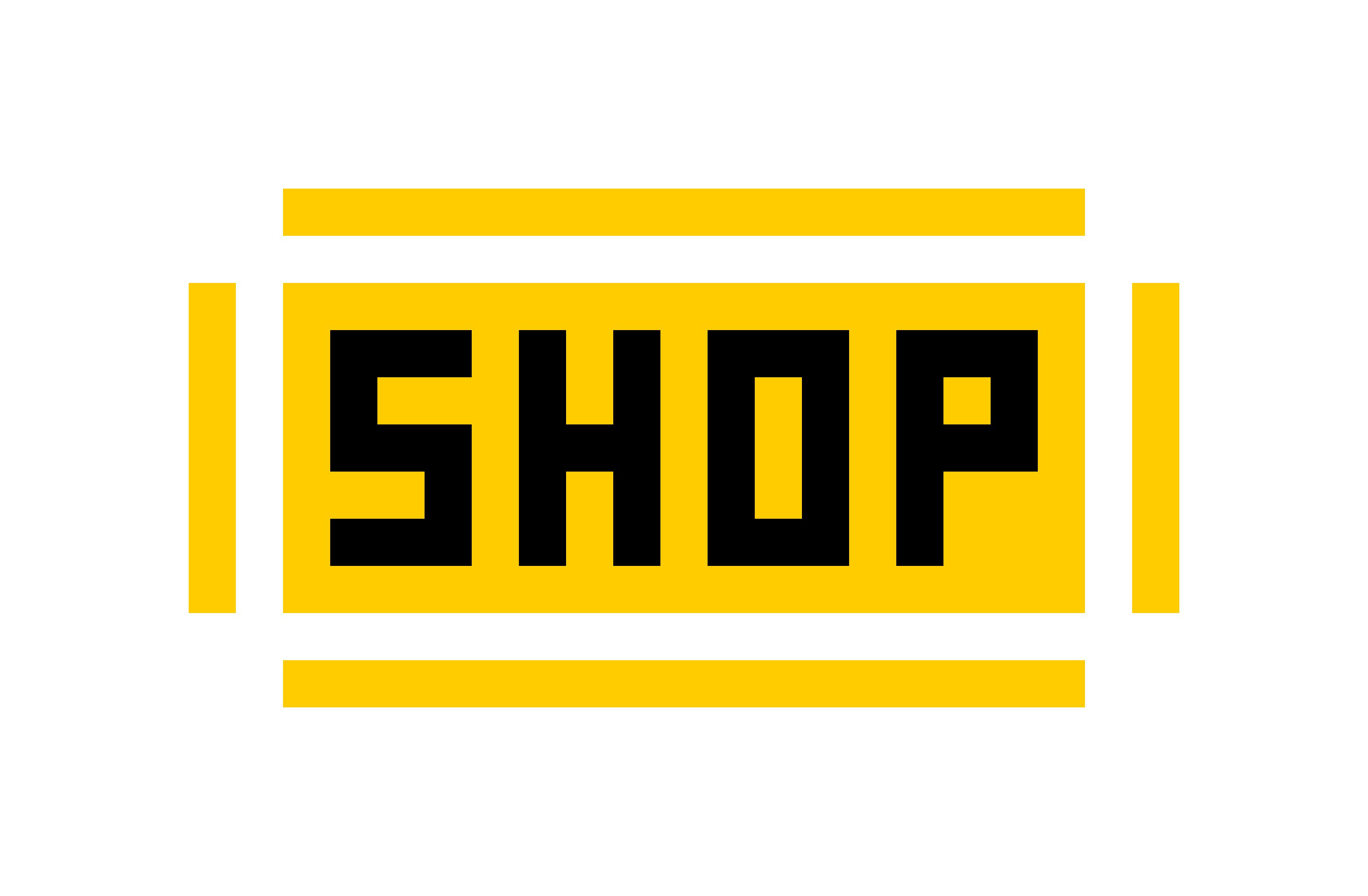 商店招牌圖標 壁紙 — 粗體黃色 'SHOP' 文字以像素化方塊字體居中顯示在黑色背景上，帶有像素化邊框。