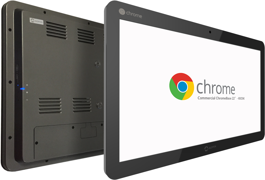 商業Chrome Base 22吋觸控螢幕機櫃 壁紙 — 一部時尚的黑色 Chromebook，背板顯示通風口和端口，屏幕顯示 Chrome 標誌和文字。