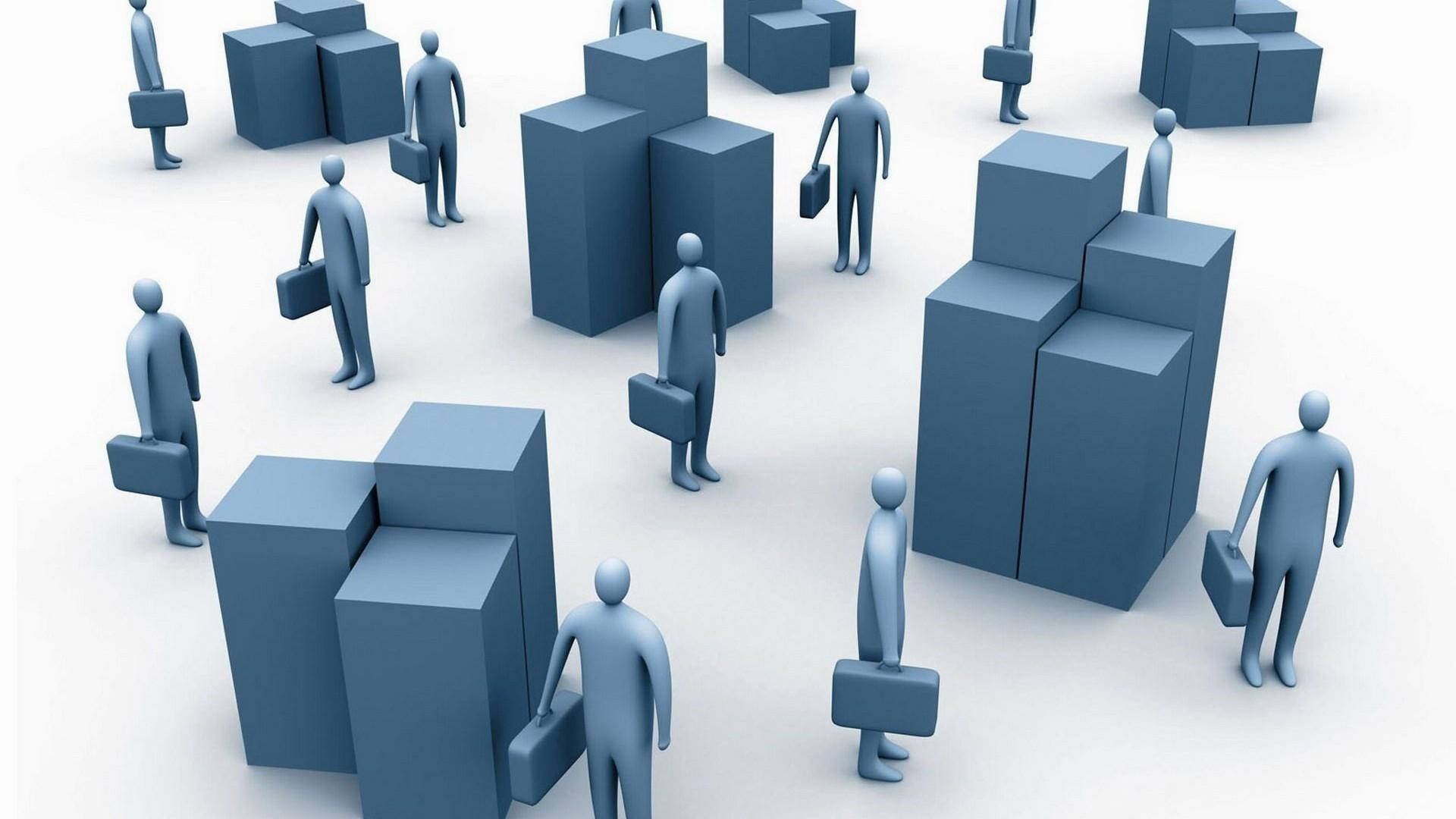 商業圖形員工 壁紙 — 藍色3D渲染的商務人物攜帶公事包，在代表企業層級的高聳藍色方塊景觀中穿梭。