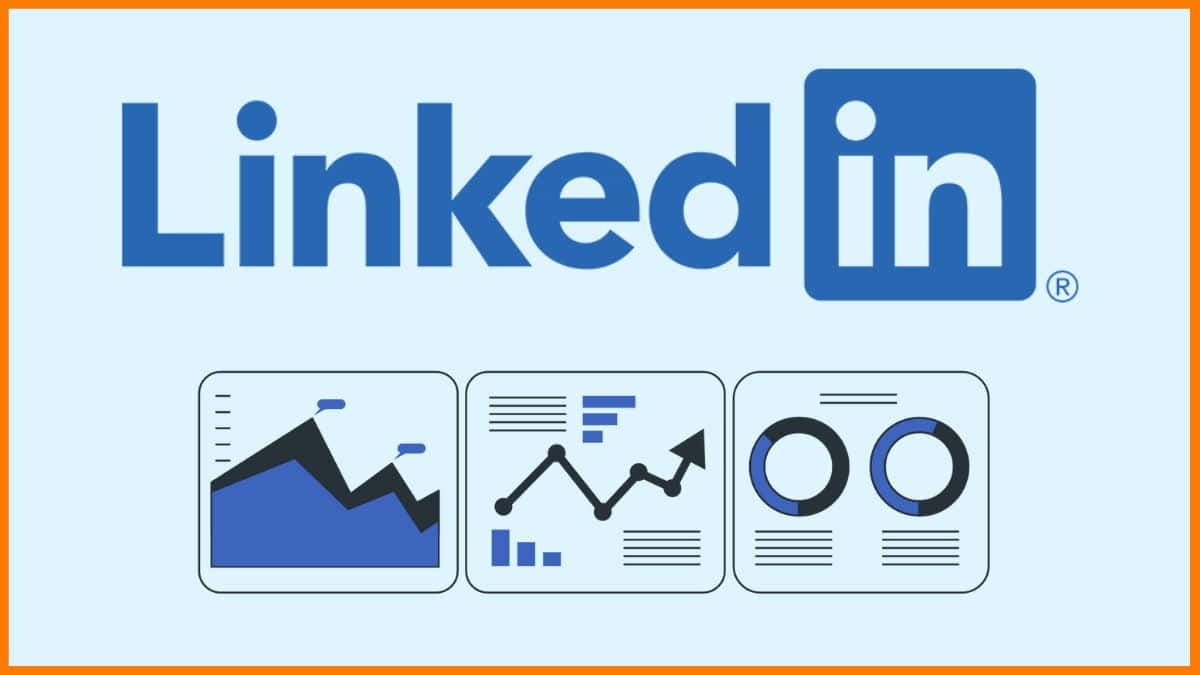 商業專業人士正透過 LinkedIn 進行人脈拓展與職涯發展 壁紙 — 橙色邊框內嘅淺藍色背景上，有三個分析圖示嘅LinkedIn標誌。