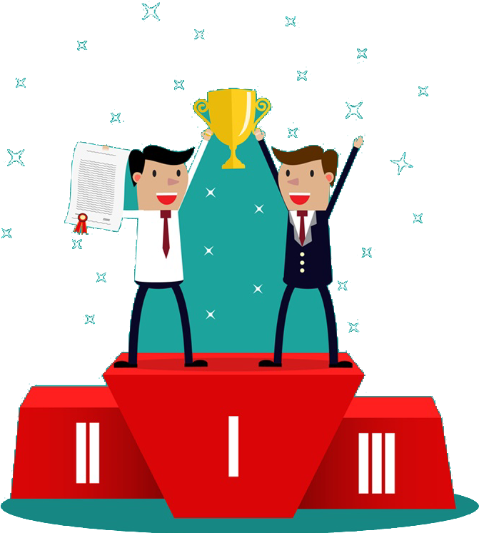 商業成功慶祝 壁紙 — 兩個卡通商人在紅色頒獎台上慶祝勝利，手持獎盃和證書，背景是滿天星斗的藍綠色。