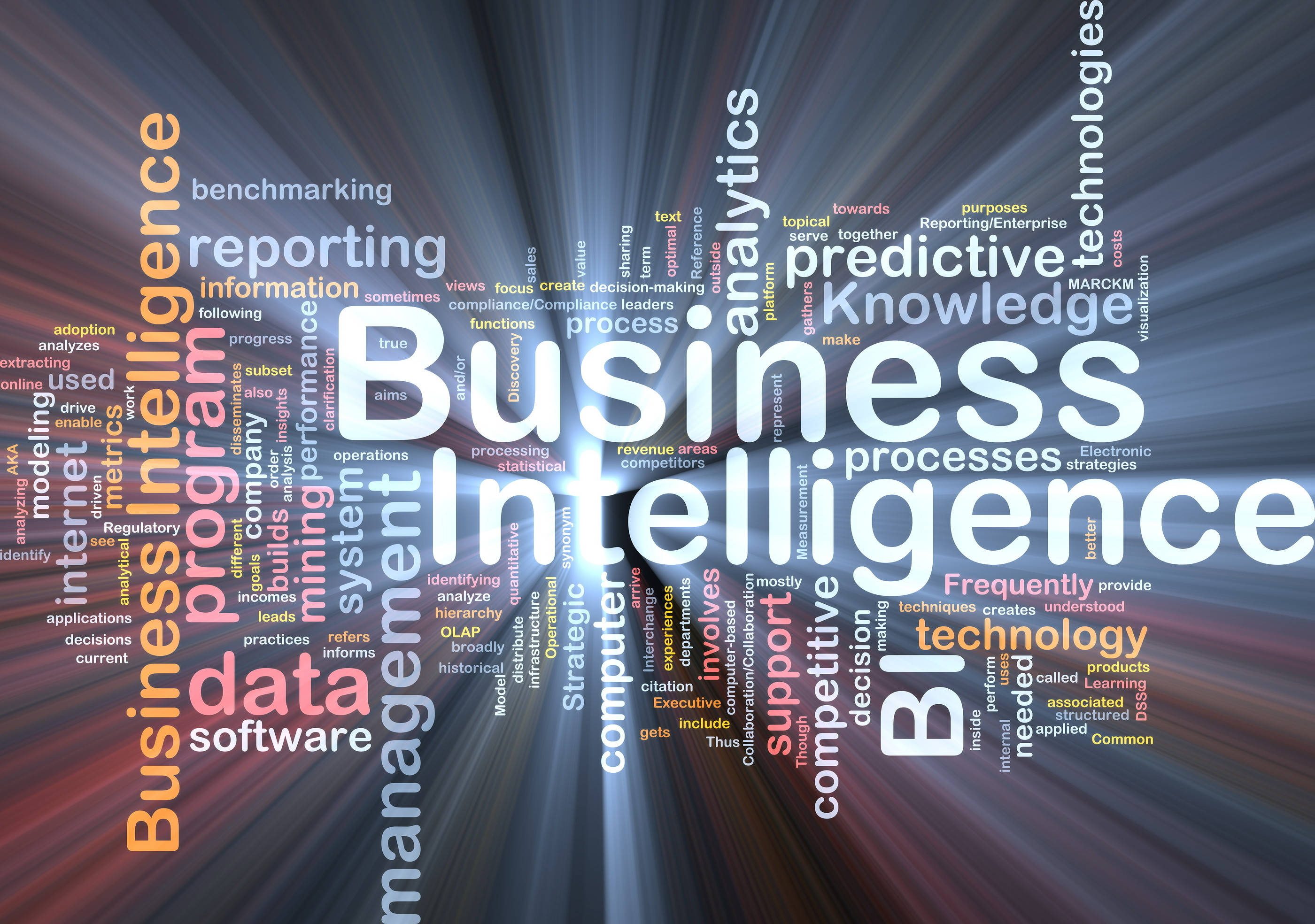 商業智慧 壁紙 — 以 'Business Intelligence' 為中心的輻射狀詞雲，相關術語以鮮豔色彩在深色背景上向外爆發。