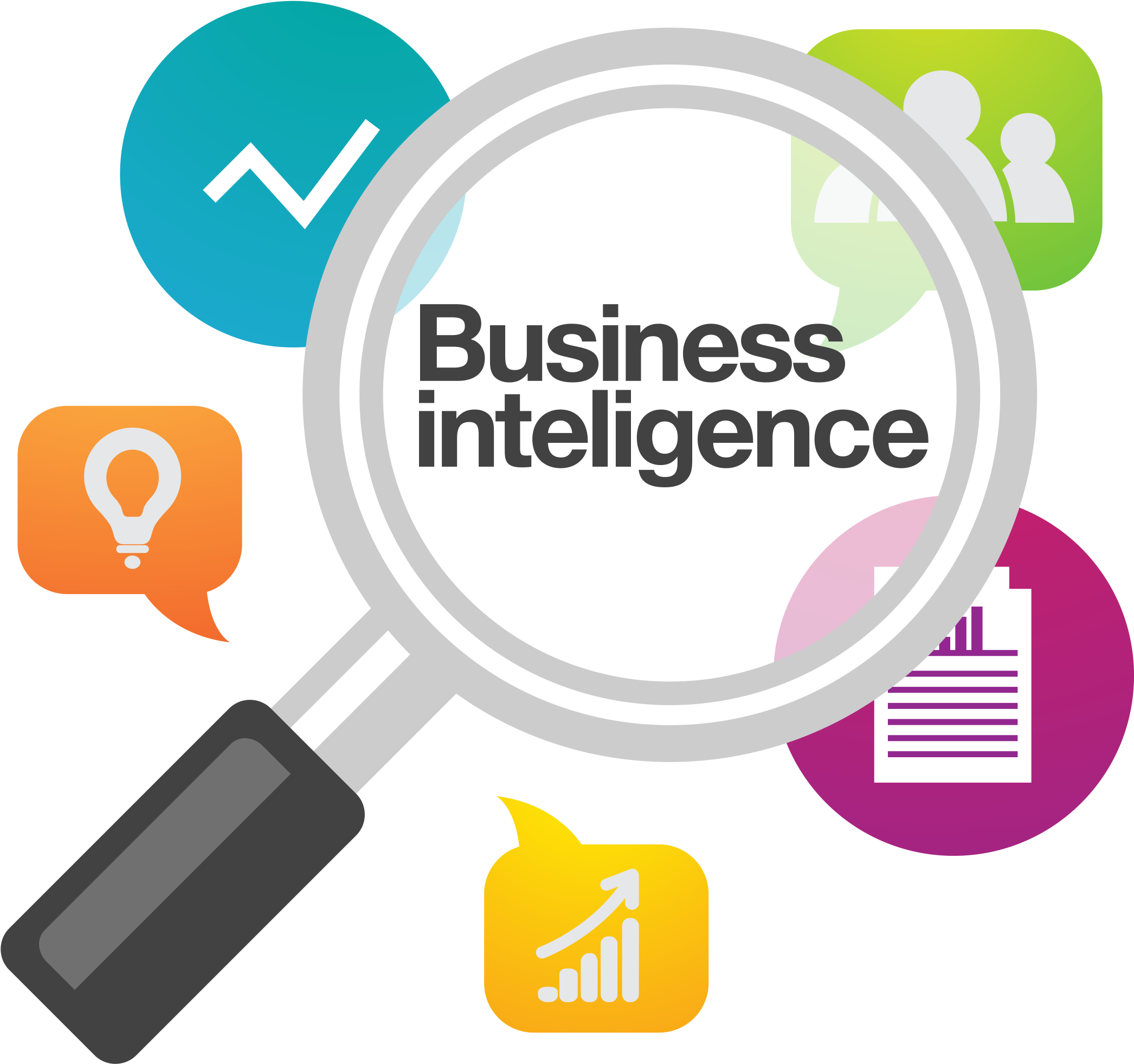 商業智能概念插圖 壁紙 — 放大鏡突出顯示「Business intelligence」文字，周圍環繞著色彩繽紛的圖表、人物和想法圖標。