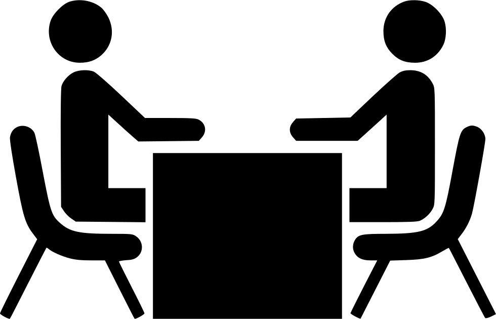 商業會議剪影 壁紙 — 兩個極簡風格的黑色火柴人坐在簡樸的桌子兩側，身處純白空間中。