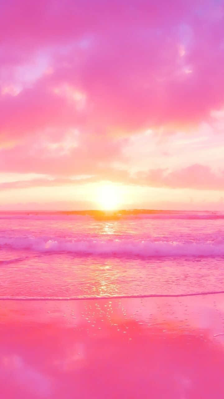 粉紅色日落，海洋，海浪，沙灘