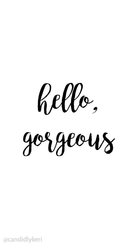 問候語簡約手機背景 壁紙 — 簡約黑色草書文字 hello gorgeous 居中顯示在純白背景上。