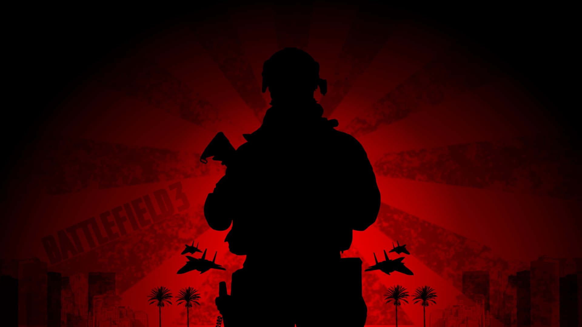 啟動《Battlefield 3》的刺激戰鬥體驗 壁紙 — 一名士兵手持武器，在火紅的夕陽映襯下，城市天際線上有戰鬥機飛過的剪影。