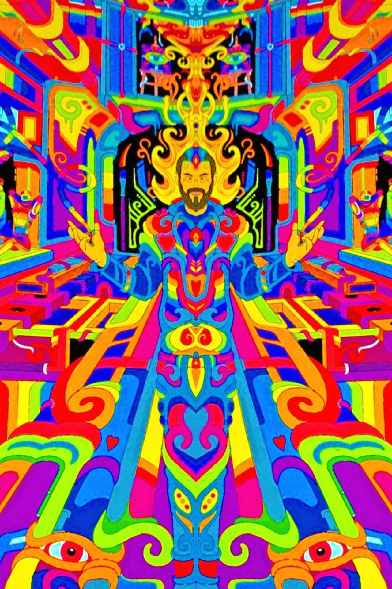 一個色彩繽紛的迷幻人物，在超現實的數碼場景中擁有對稱的眼睛和發光圖案。