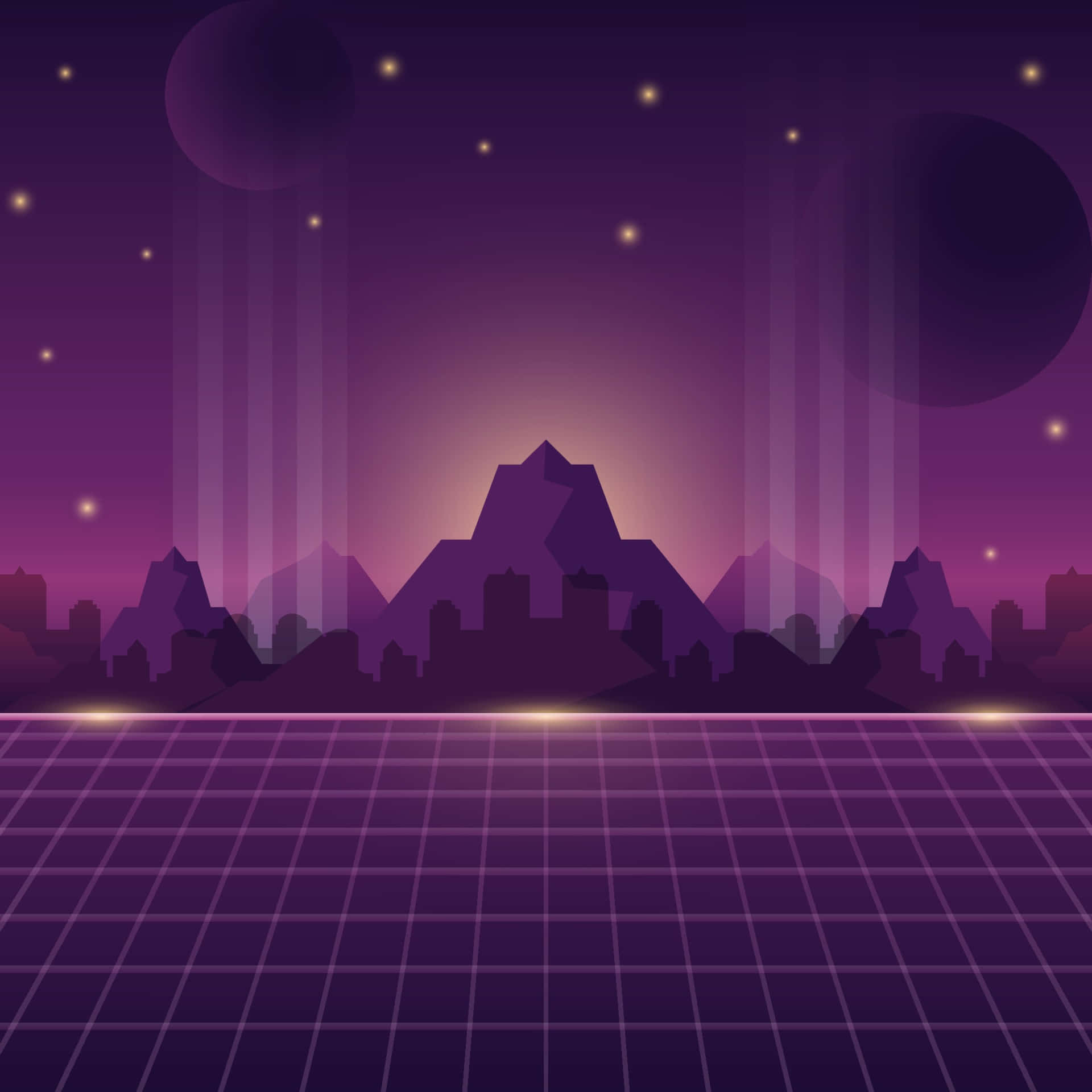星空下，帶有城市山脈和發光光束的紫色網格景觀。