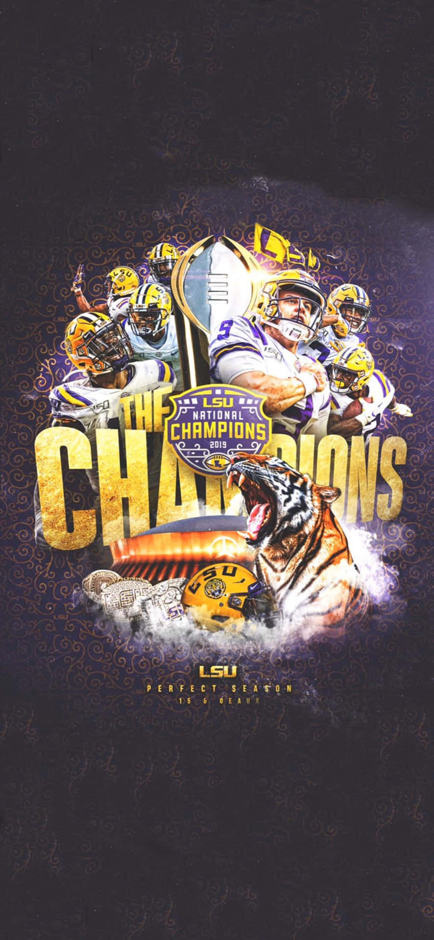 LSU 足球冠軍與老虎吉祥物和獎盃一起慶祝。