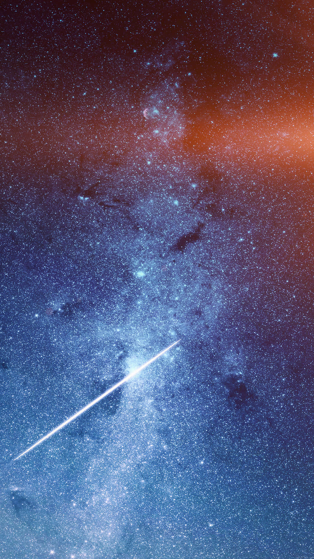一顆明亮的流星在色彩繽紛的星空星系中留下軌跡，帶有藍色和橙色調。