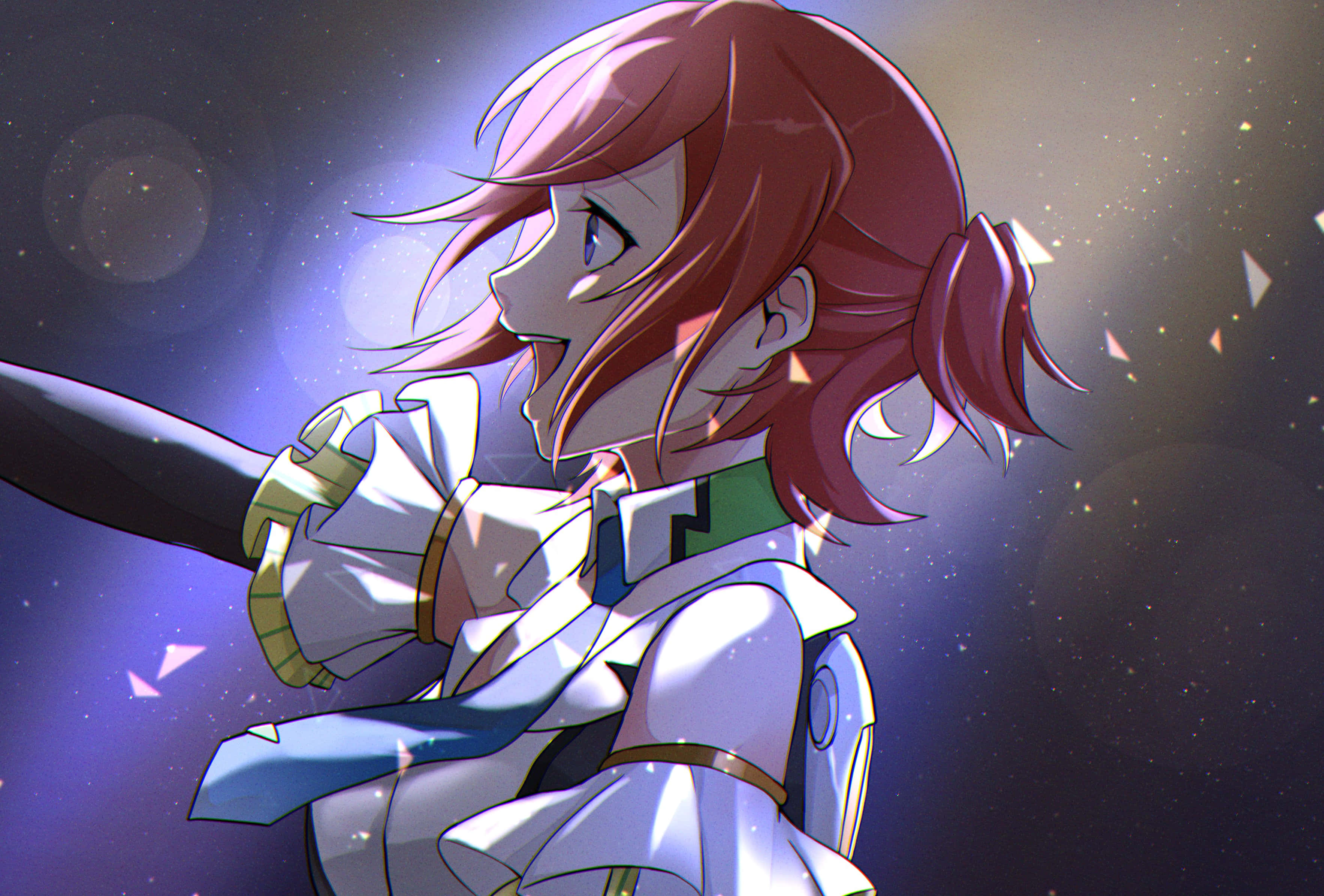 啟動行動！Macross宇宙經典機甲 壁紙 — 一個堅定的紅髮動漫女孩在星空宇宙背景下揮舞著發光的劍。