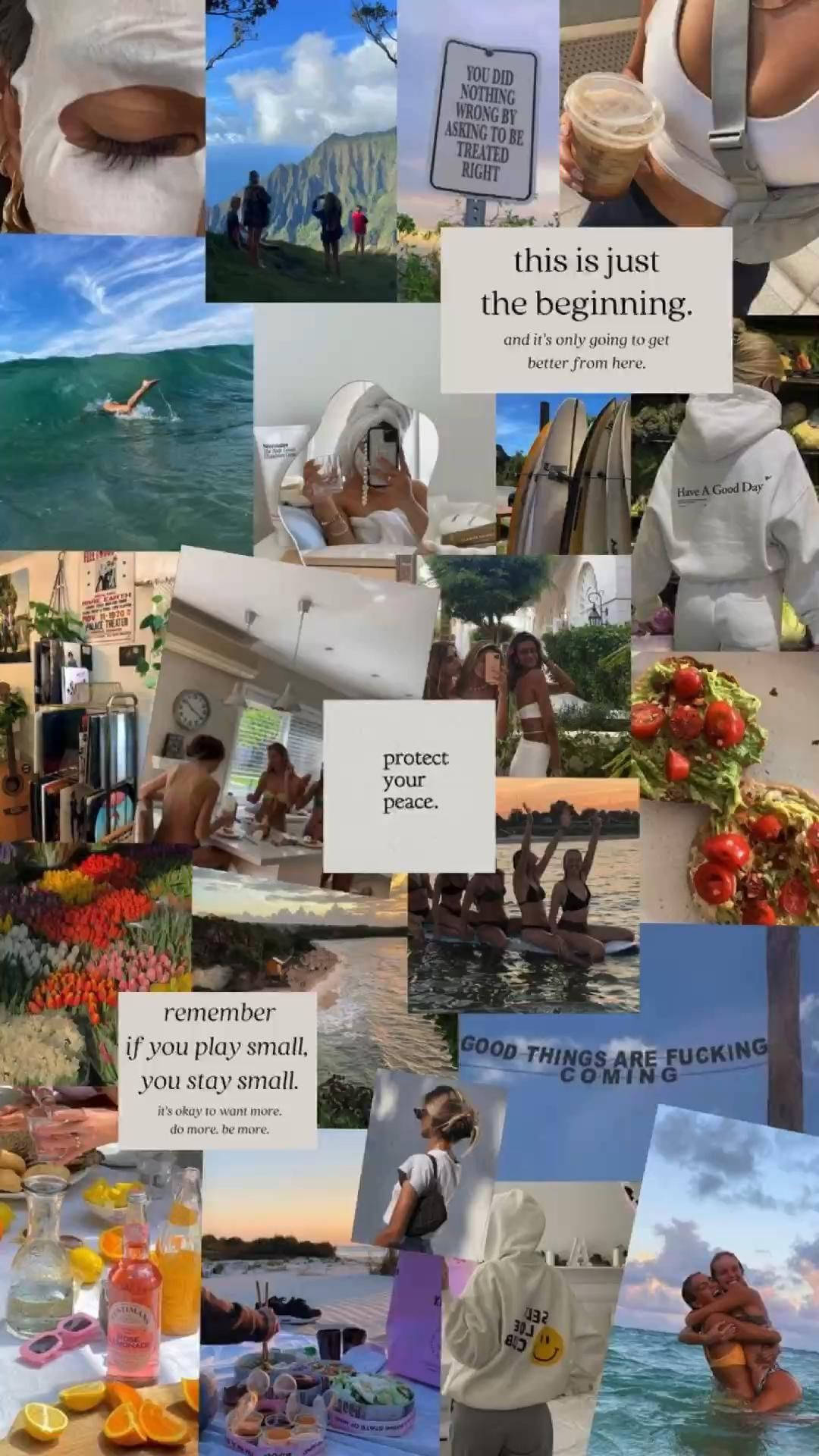 勵志拼貼，包含海灘場景、美食名言和享受生活的快樂人們。