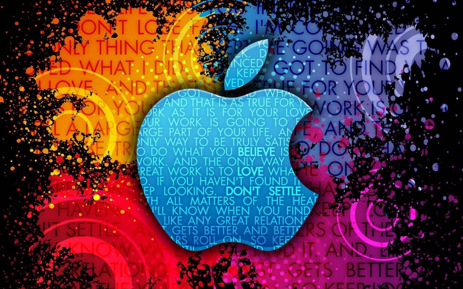 啟發性蘋果圖形 壁紙 — 一個充滿活力的數碼藝術Apple標誌，內含勵志文字，周圍環繞著色彩繽紛的抽象潑濺和漩渦。