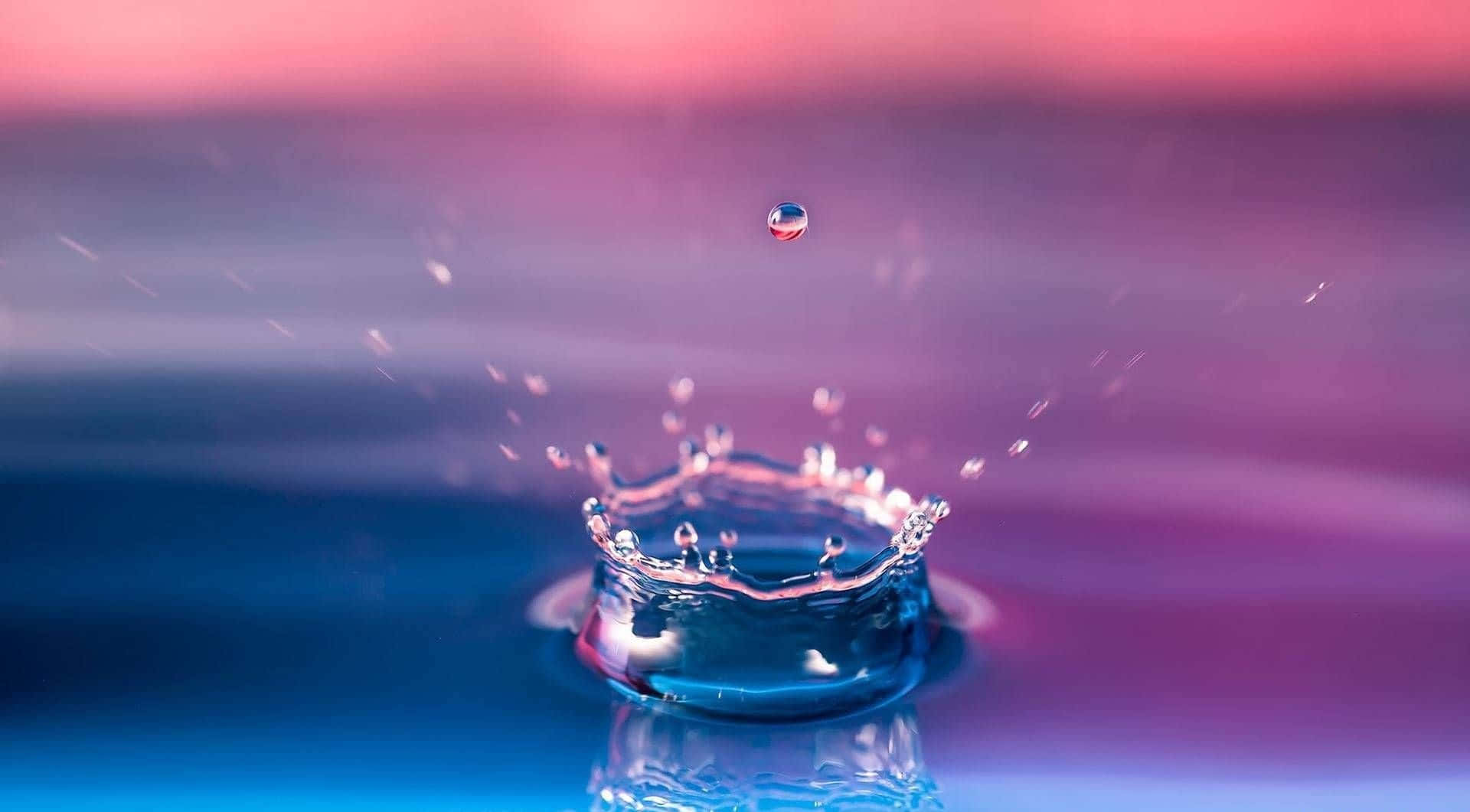 水滴皇冠喺粉紅同藍色漸變表面上濺起。