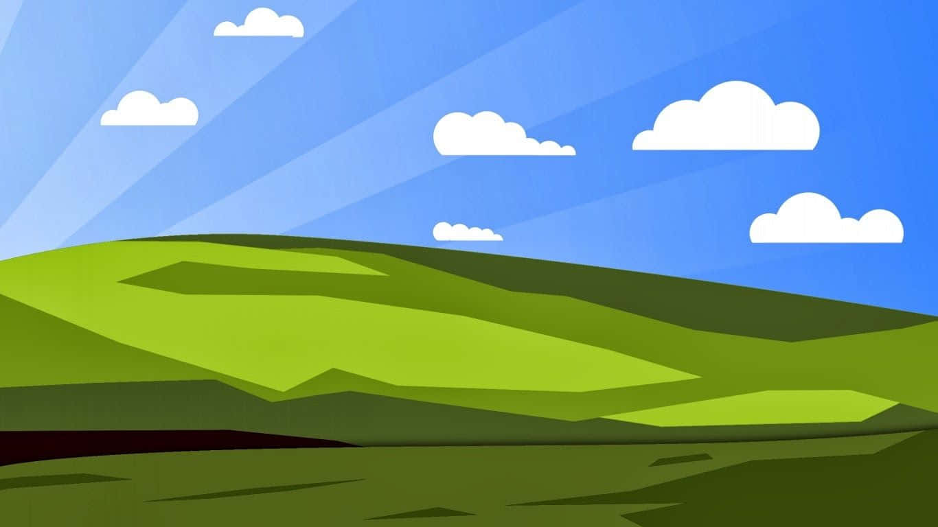 啟發靈感的極簡風景 壁紙 — 充滿活力的綠色起伏山丘，在明亮的藍天下，有蓬鬆的白雲和陽光。