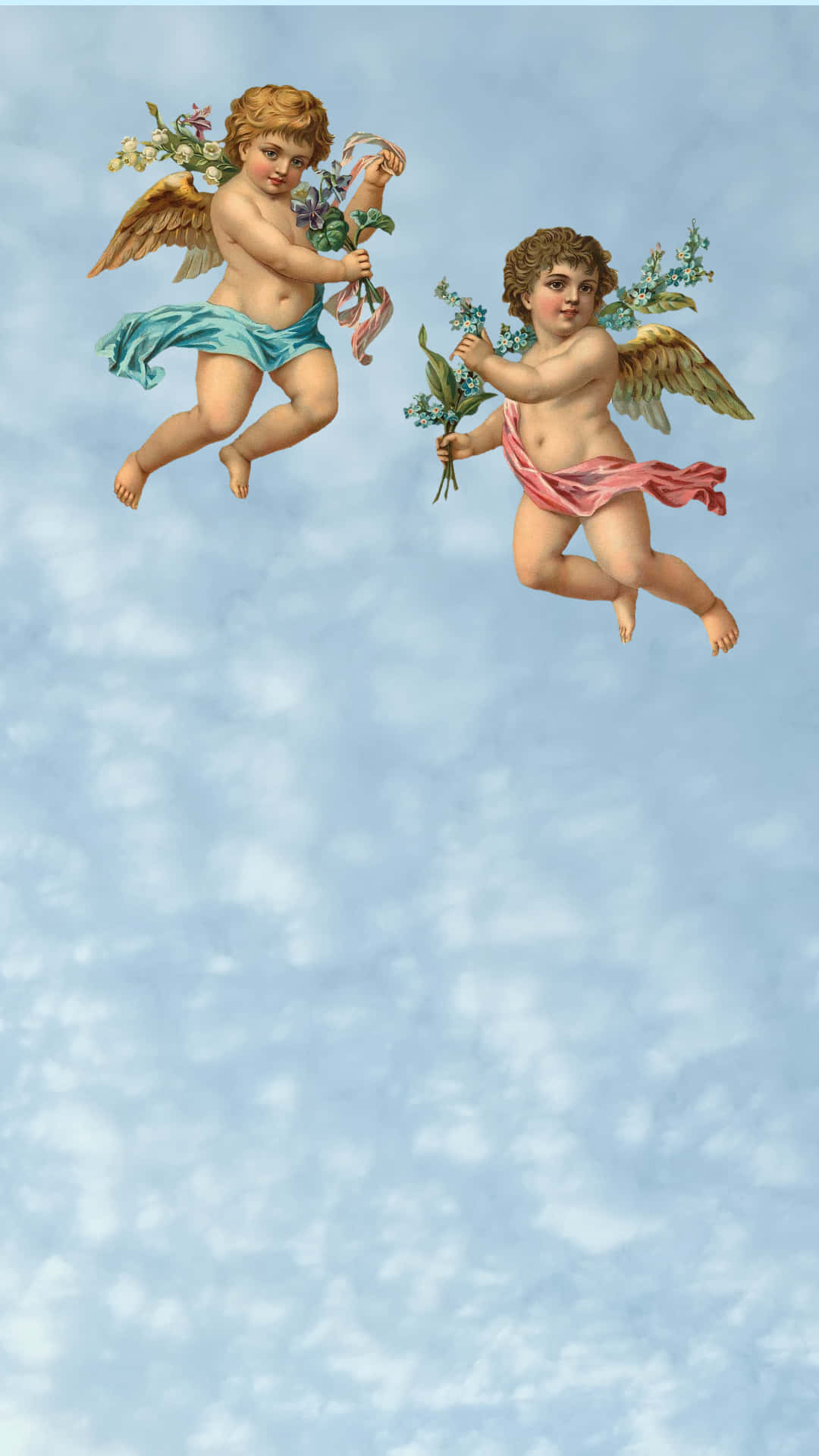 兩個有翼的小天使手持花束漂浮在藍天中。