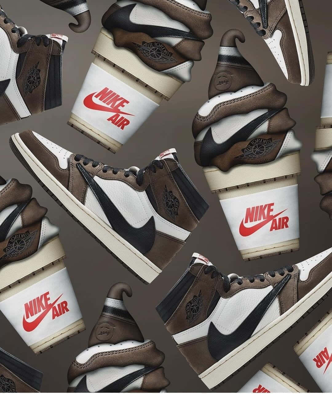 Travis Scott Jordan 1 桌布 壁紙 — 啡色、白色和黑色的 Nike Air Jordan 運動鞋在超現實的漂浮圖案中變成了咖啡杯。