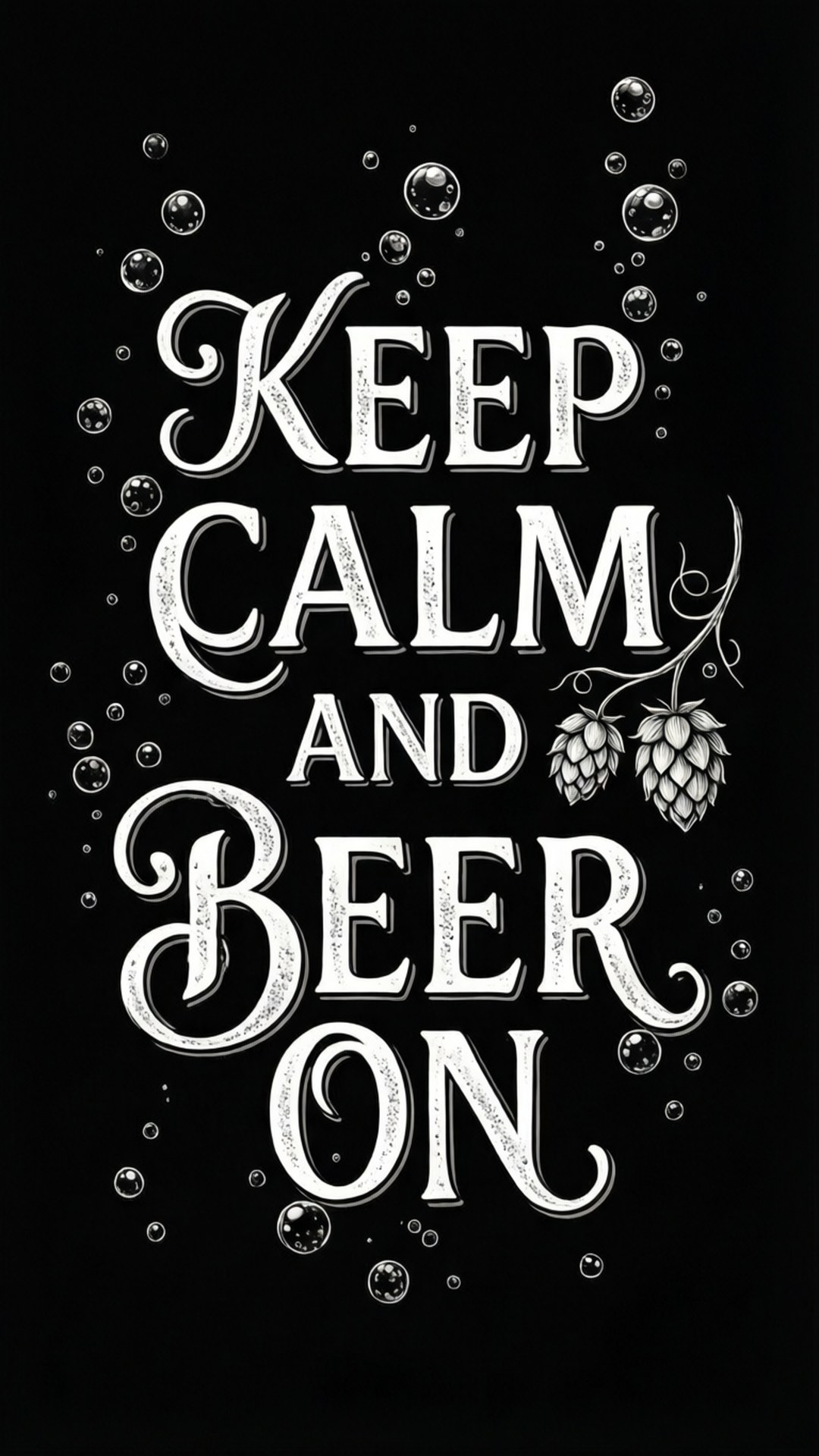 黑色背景上帶有氣泡和啤酒花球果的 keep calm and beer on 標語